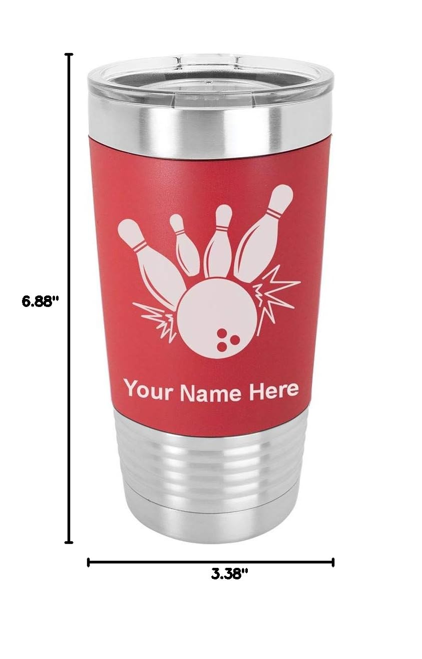 LaserGram 20oz Vacuum Insulated Stainless Steel Tumbler Mug with Silicone Grip - Custom Engraved Bowling Ball & Pins Design (Red) - Perfect for Coffee, Tea & Cold Drinks at Home, Office or Gym