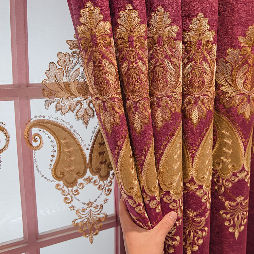 ELKCA Burgundy Red Chenille Curtains with Embroidered Pattern - European Style Grommet Top Window Drapes for Living Room, Bedroom - 52