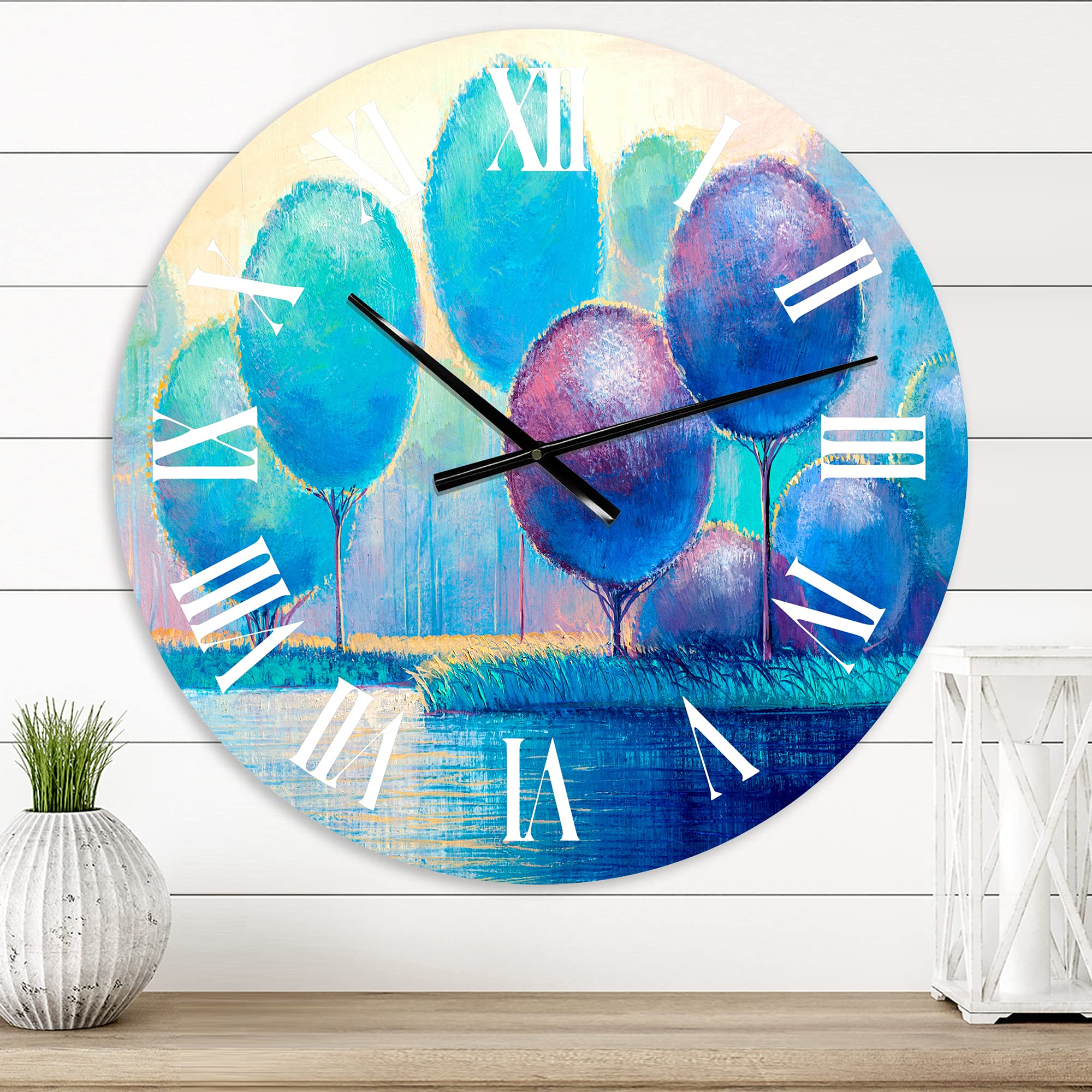 DesignQ Modern Wall Clock - Colorful Ornamental Trees Landscape Art, Large Decorative Wall Clock for Bedroom, Living Room & Office | Nature-Inspired Home Decor