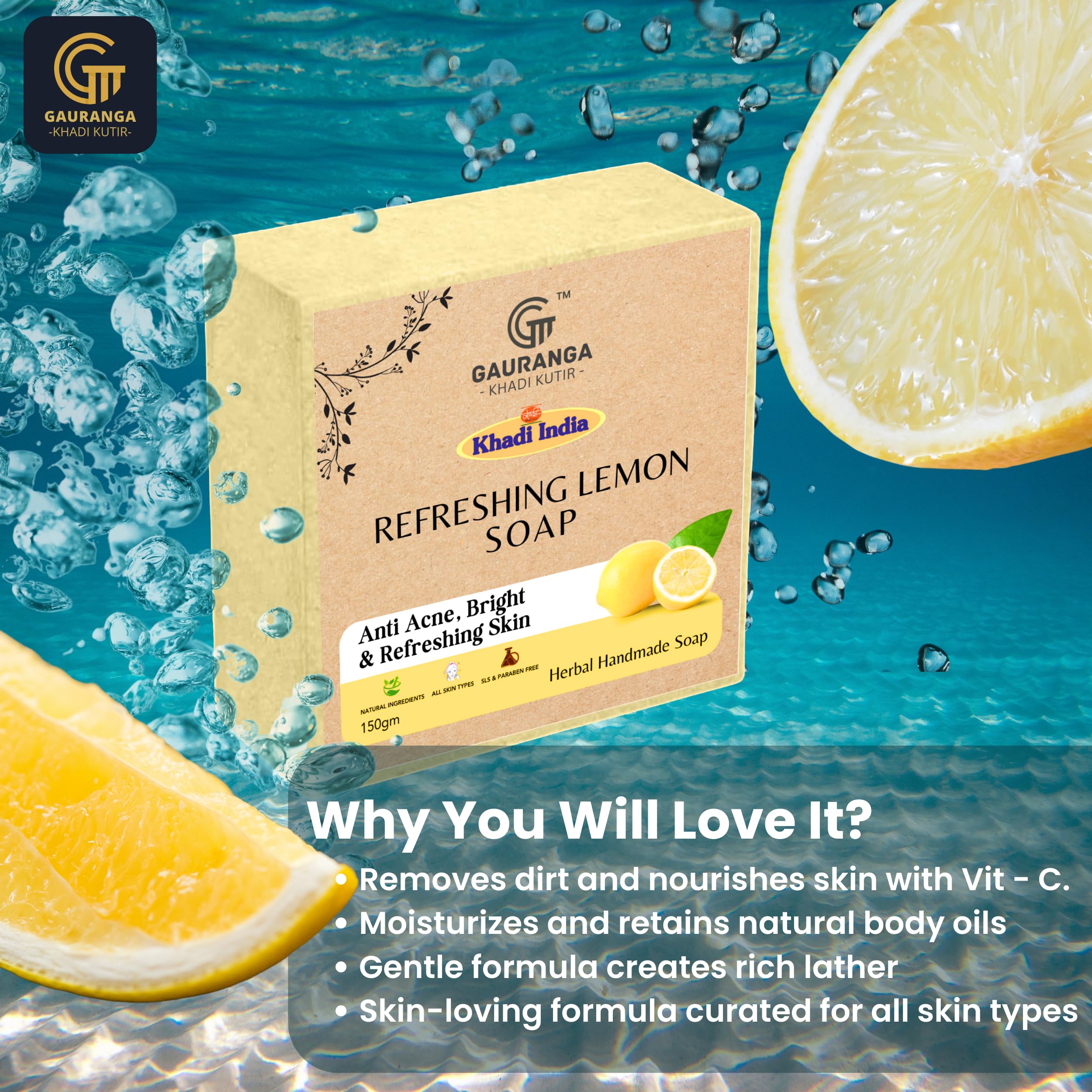 Khadi Lemon Handmade Premium Soap 150g - All Natural, Fresh Citrus Scent for All Skin Types | Moisturizing Bath & Shower Soap for Daily Skincare Routine