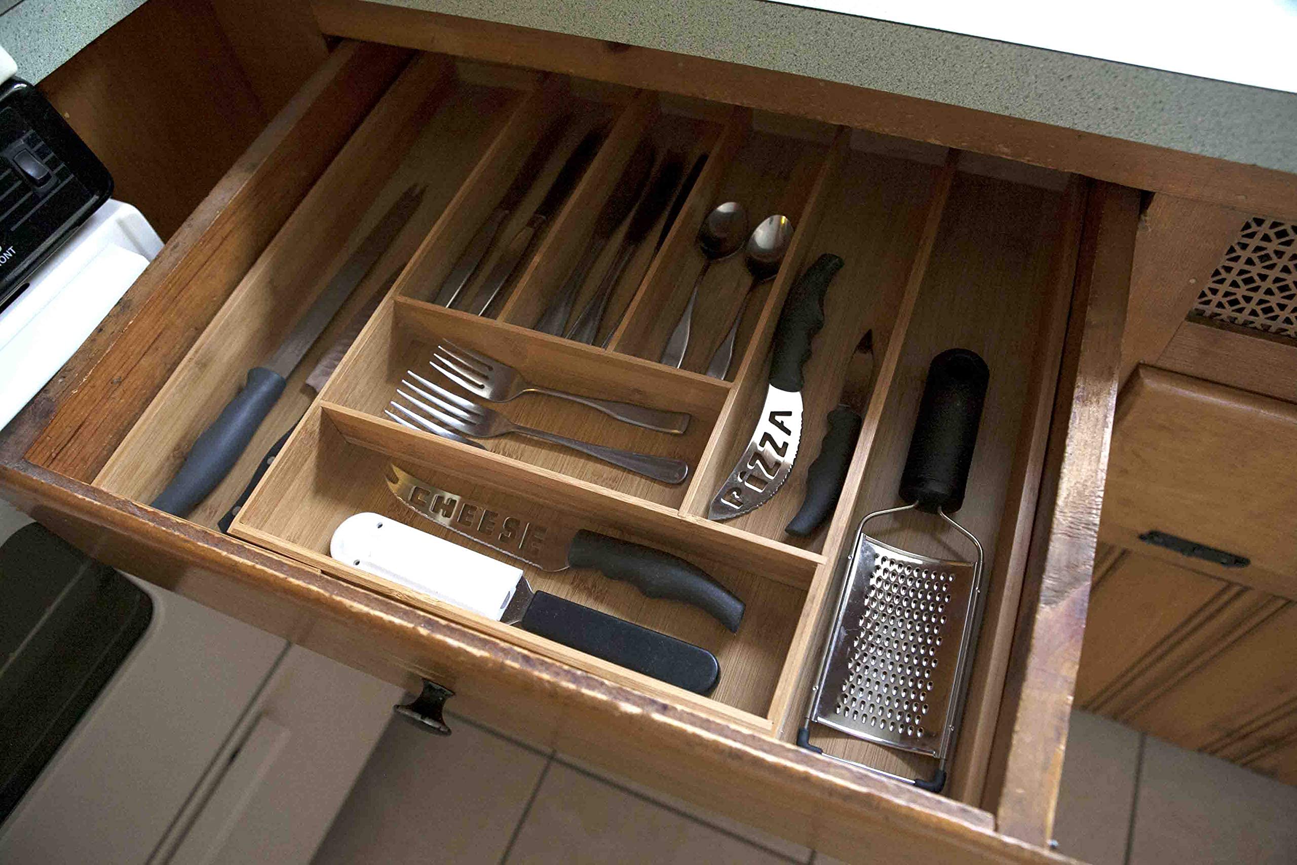 Expandable Bamboo Drawer Organizer with 8 Adjustable Compartments - Kitchen Utensil Tray, Cutlery Holder for Craft, Sewing, Office & Bathroom Storage - Perfect for Organizing Spices, Makeup, Office Supplies & Kitchen Tools