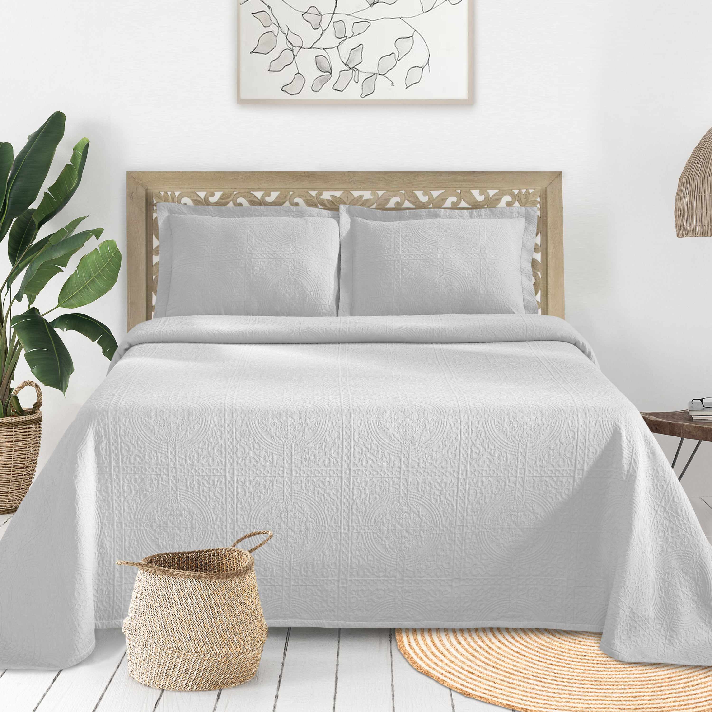 100% Cotton Jacquard Matelassé Fleur De Lis Bedspread Set - Luxury Queen Size Bedding Coverlet with Elegant Floral Design - Perfect for Master Bedroom, Guest Room & Hotel Decor