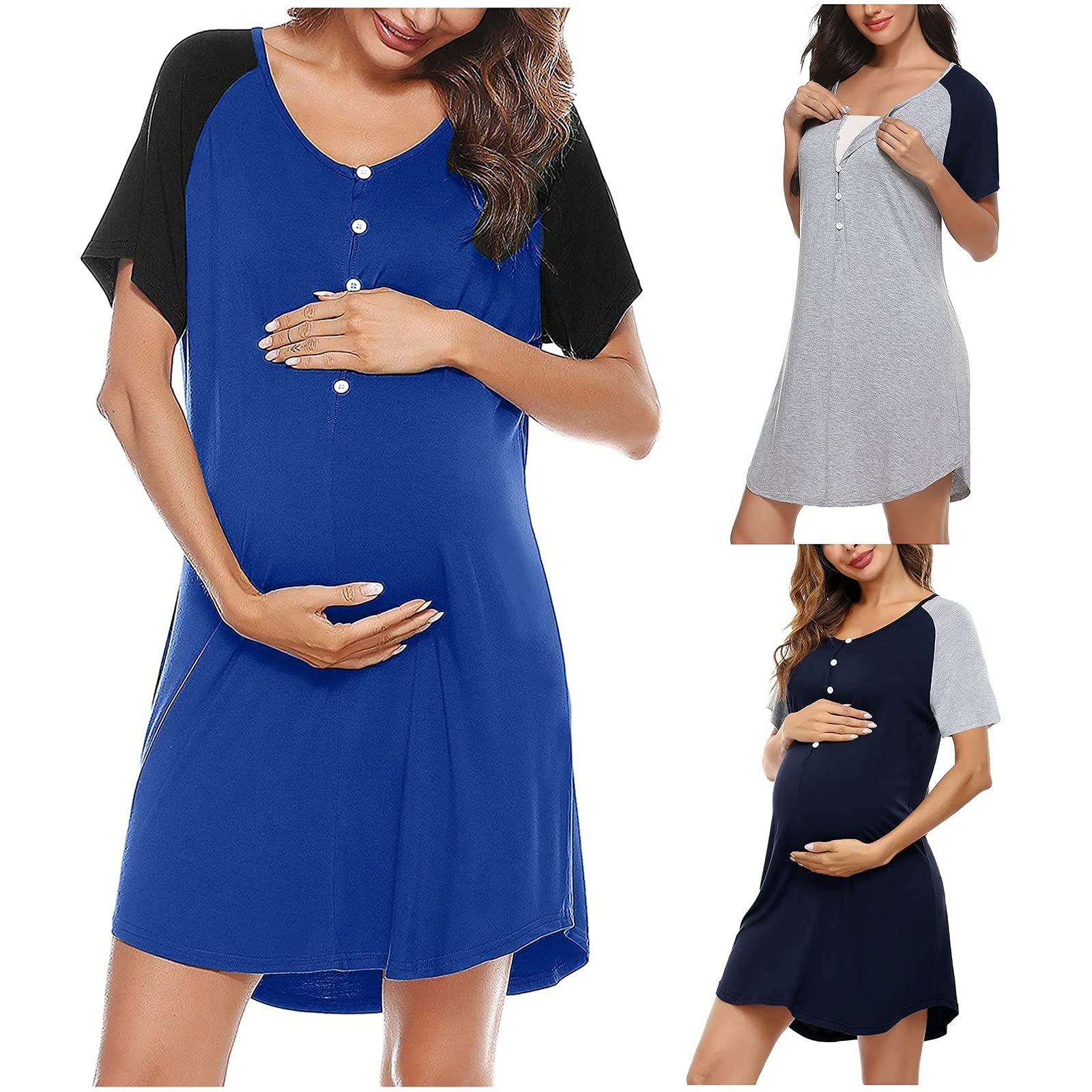 **Hmlai Women's Maternity Pajamas - Summer Short Sleeve Cotton Nightgown, Plus Size 2XL, Blue Giraffe Print - Comfortable Pregnancy Sleepwear for Casual & Nursing Use**