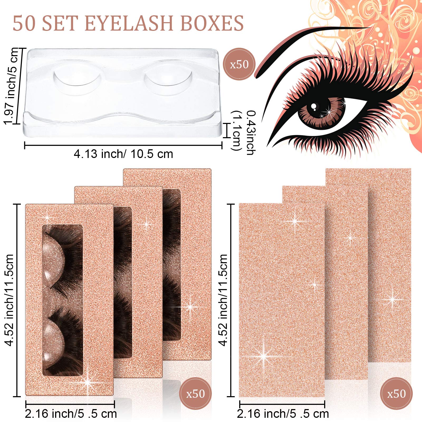 50 Pack Empty Eyelash Case Set with Storage Box Tray & Background Paper - Champagne Gold Eyelash Packaging Boxes for Professional Lash Artists & Salons - Perfect for Organizing, Storing, and Displaying False Eyelashes
