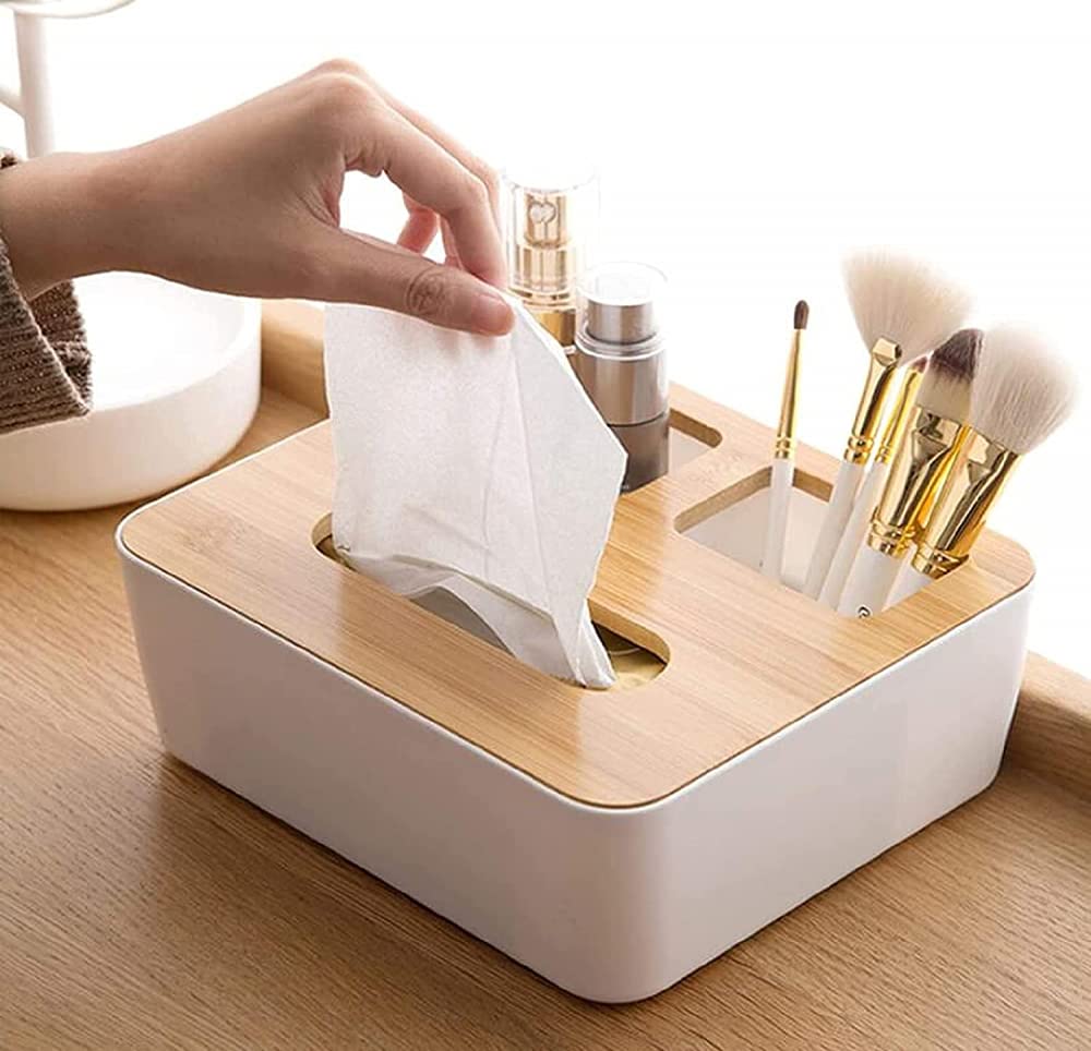 Wooden Tissue Box with Lid - 3 Compartment Organizer for Office & Home | Toilet Paper Storage, Pen Holder & Makeup Brush Organizer | Perfect for Living Room, Bathroom & Office Desk Organization