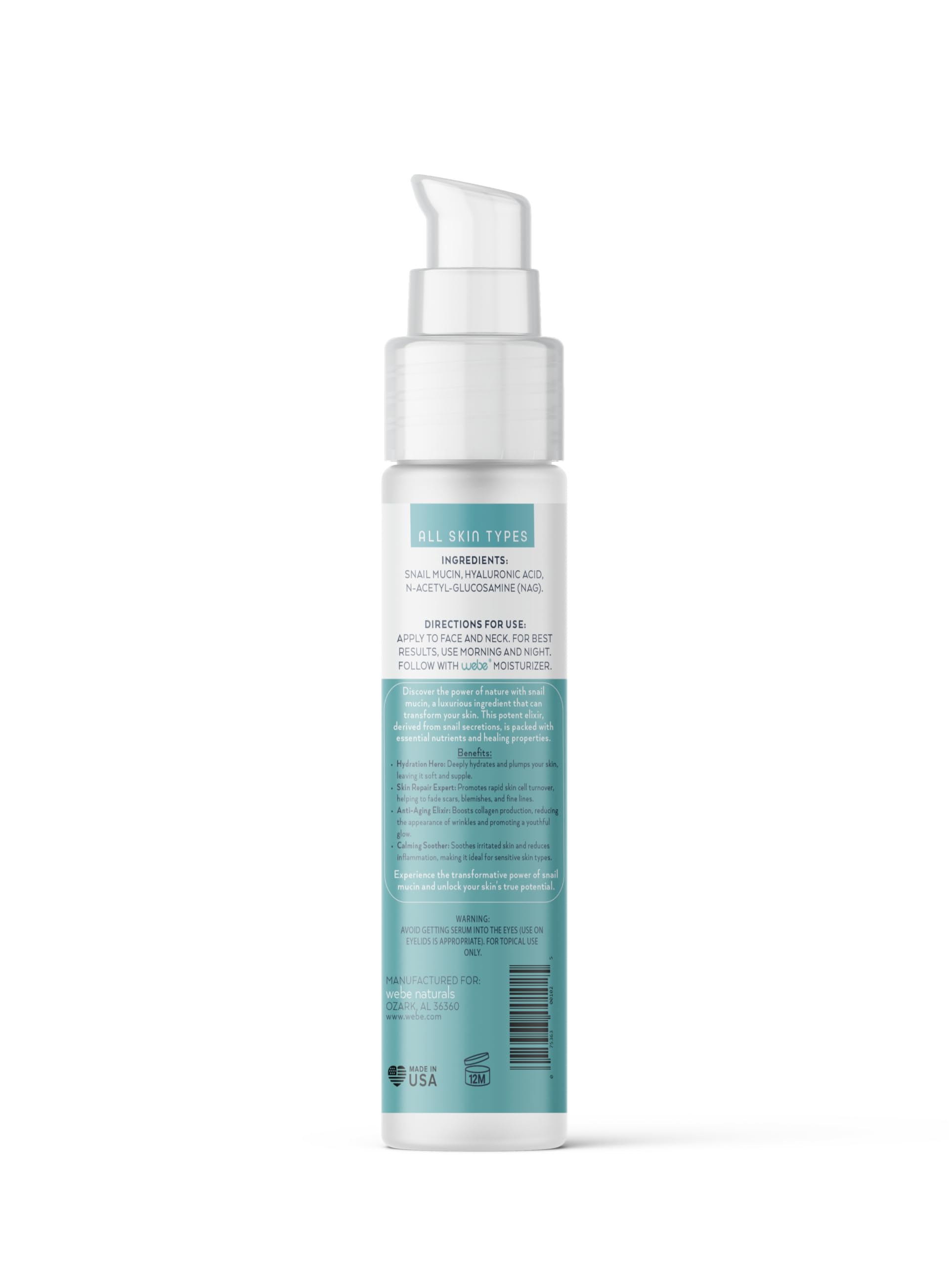 WEBE Hydrating Glow Snail Mucin Serum with Hyaluronic Acid & N-Acetyl Glucosamine | Collagen Boosting Face Serum for Radiant, Plump Skin | Lightweight Moisturizer for Dry, Sensitive Skin | Perfect for Daily Skincare Routine & Nighttime Hydration