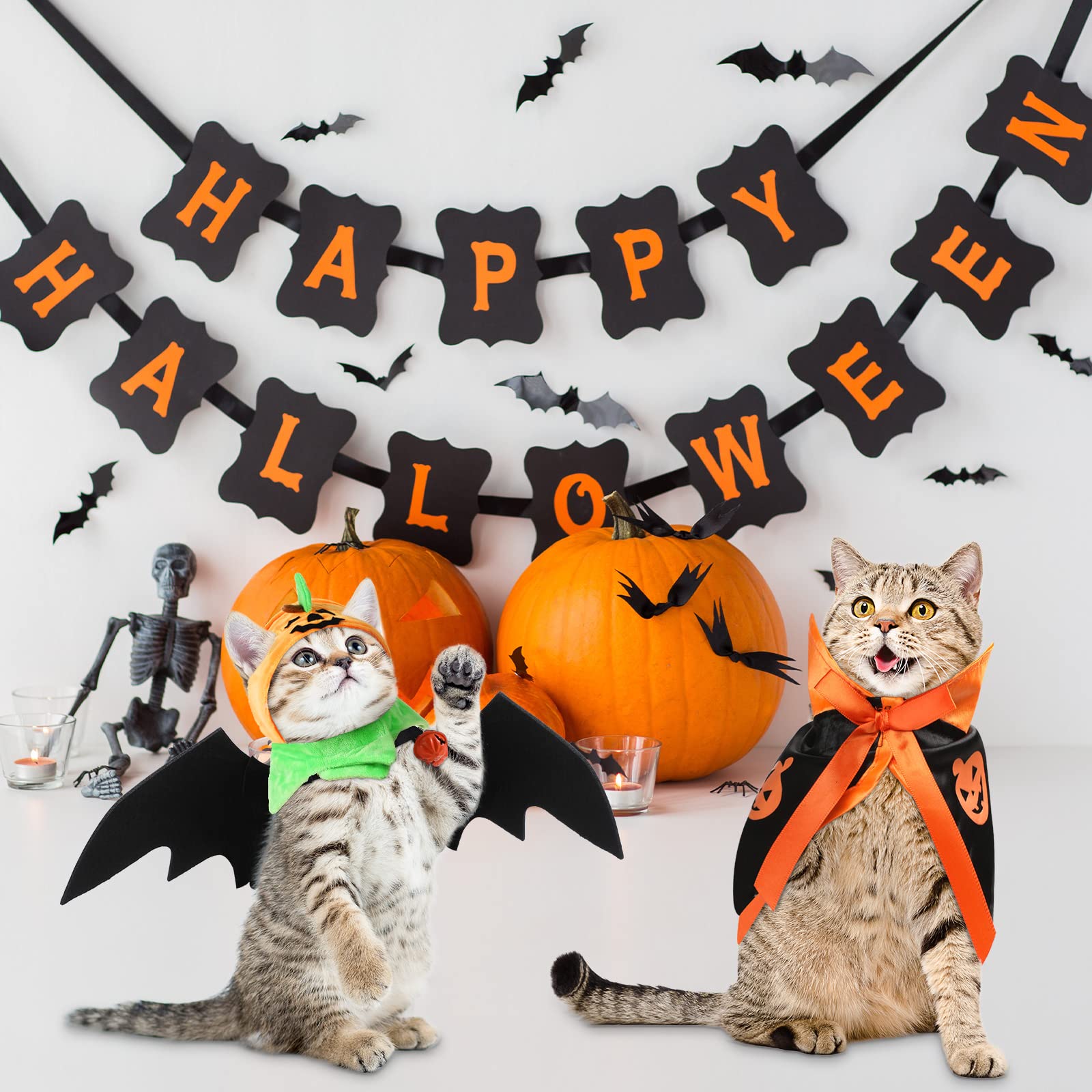4PCS Halloween Cat Costume Set - Pumpkin Cape, Cute Hat & Bat Wings with Bell | Pet Cosplay Dress Up Accessories for Halloween Parties & Photo Shoots