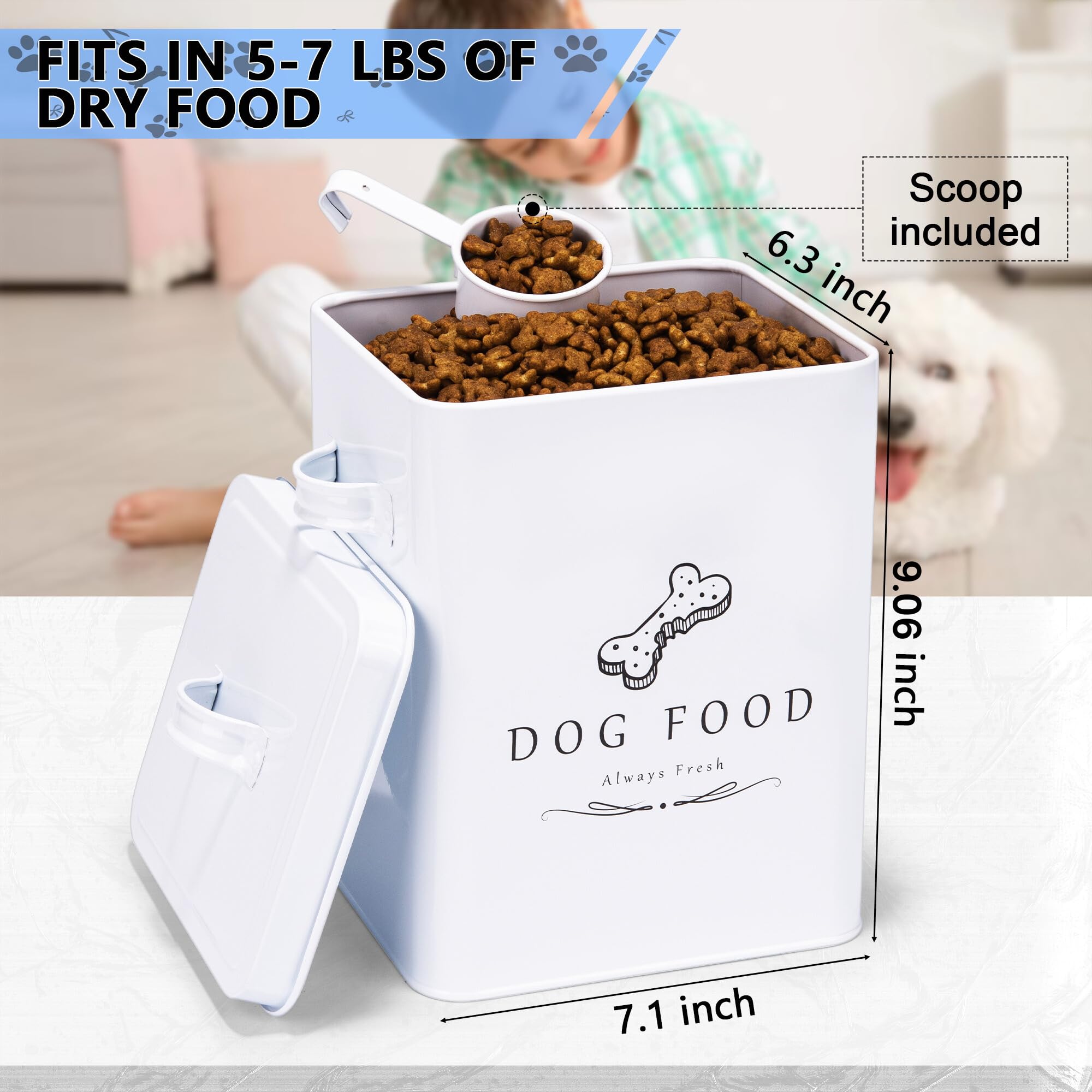 Meraki Home Small Dog Food Container with Tight Lid - Includes Feed Scoop & Pet Bowl - Farmhouse Style Metal Storage Bin for Dry Dog Food & Treats - Glossy White - Perfect for Kitchen Pantry or Pet Feeding Station Organization