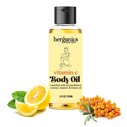 Herganics Vitamin C Oil for Face & Body - Brightening Serum with Antioxidants for Glowing Skin | Use for Gua Sha, Lymphatic Drainage & Nighttime Skincare Routine
