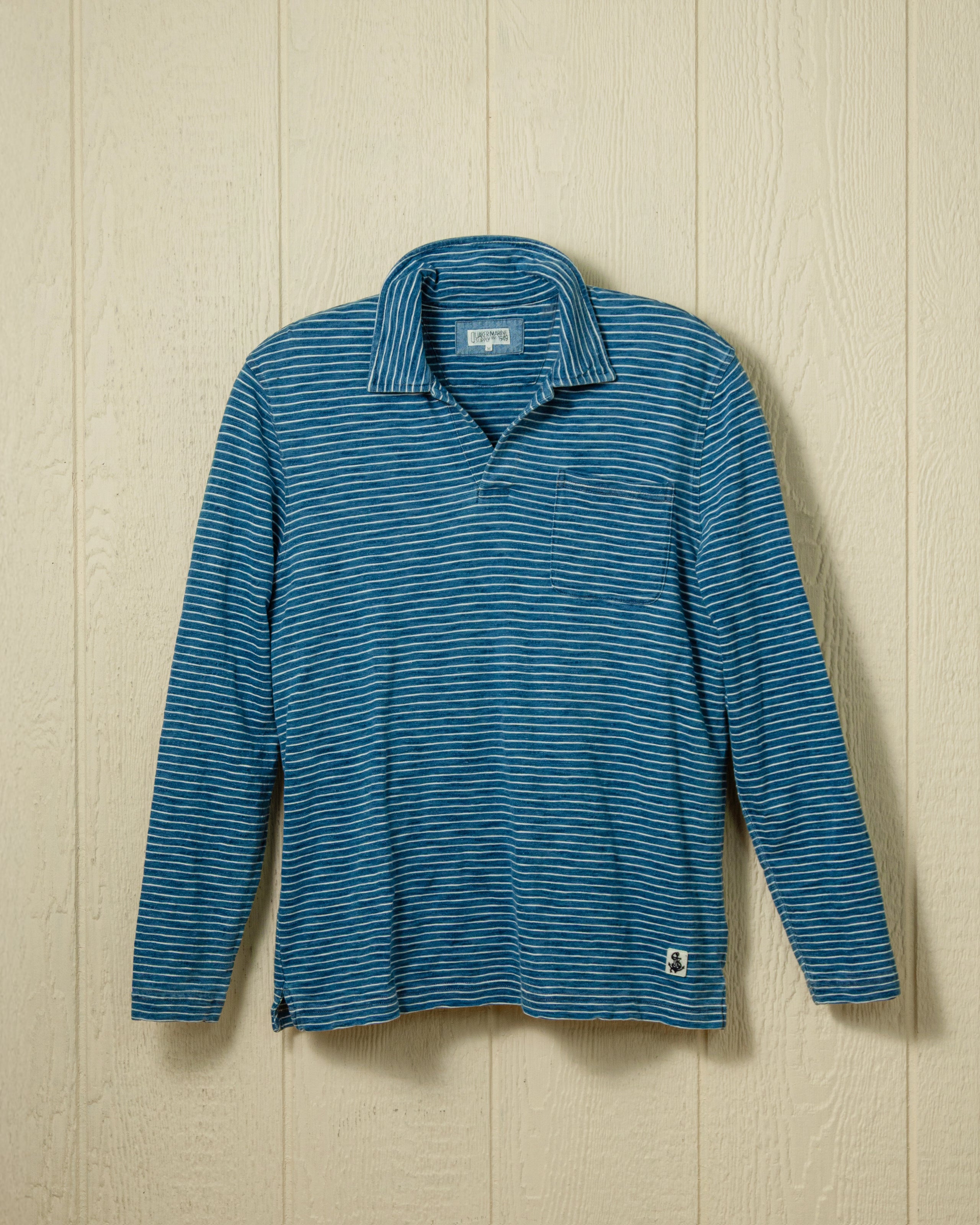 Men's Long Sleeve Indigo Polo Shirt - Blue & White Slub Stripe Cotton Casual Wear for Office, Golf & Everyday Outfits