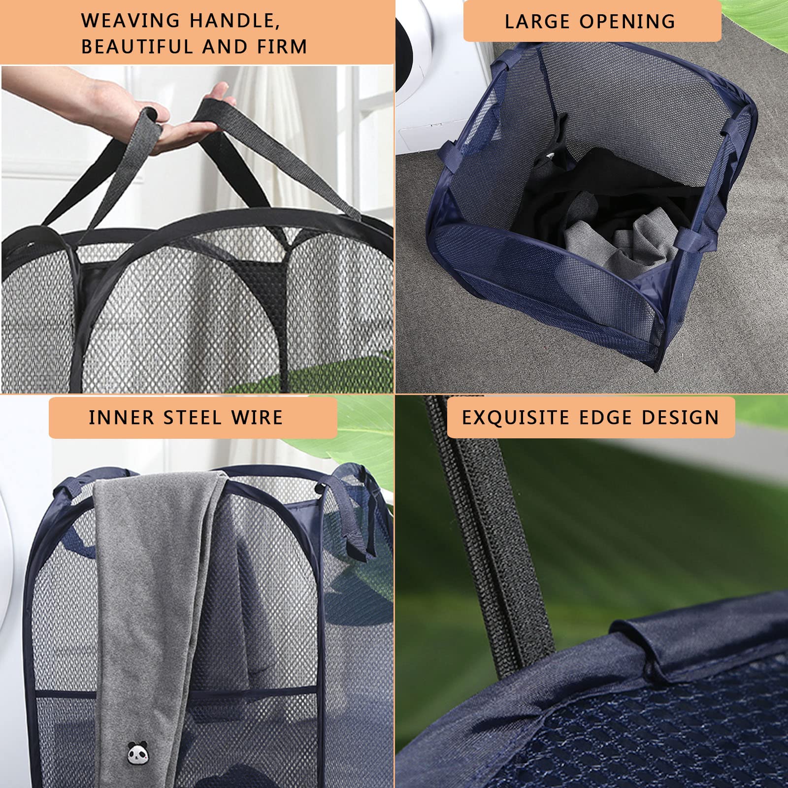 2 Pack Foldable Mesh Laundry Baskets with Reinforced Handles - Pop-Up Design for Easy Storage, Blue - Perfect for Laundry Room, Dorm, or Travel Use