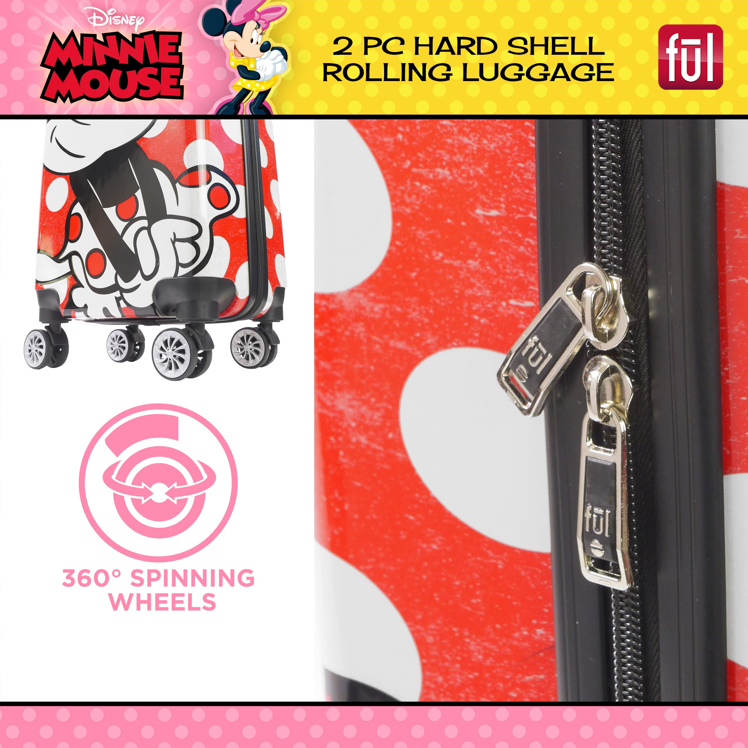 Disney Minnie Mouse Hardshell Rolling Luggage Set - 2-Piece Polka Dot Red Suitcase with Wheels for Women & Kids Travel, Vacation, and Airplane Carry-On