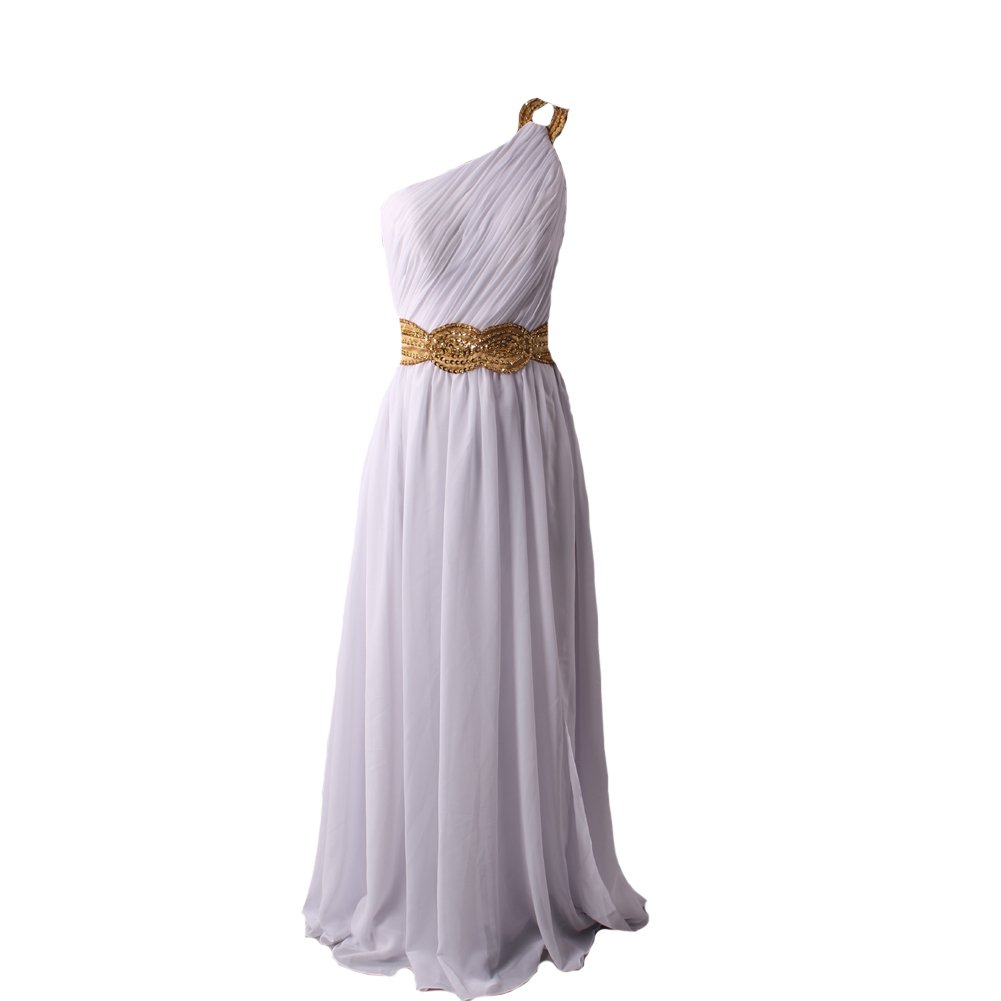Kivary® Women's One Shoulder White Chiffon Evening Dress with Gold Beading - Elegant Long Prom Gown for Formal Events, Weddings & Special Occasions