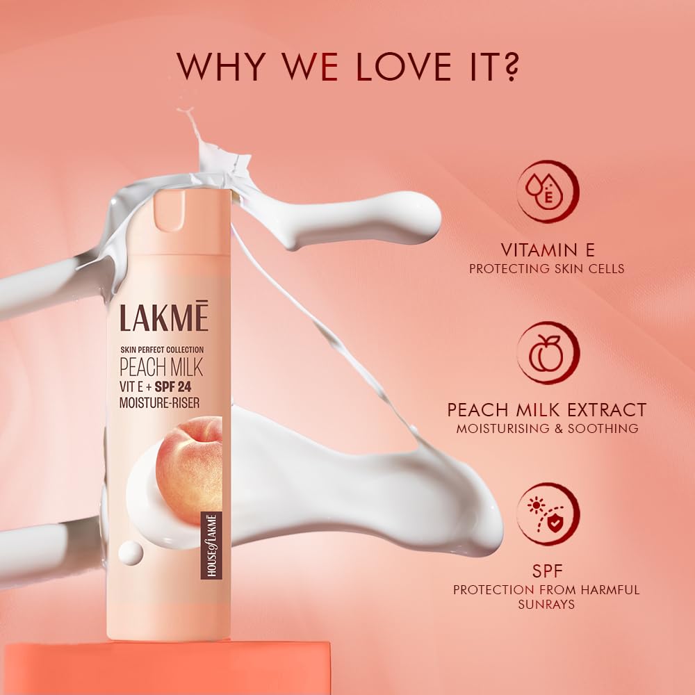 LAKMÉ Peach Milk Moisturizer SPF 24 PA++ Sunscreen Lotion - 60ml | Hydrating Face Cream with Sun Protection for Daily Skincare Routine