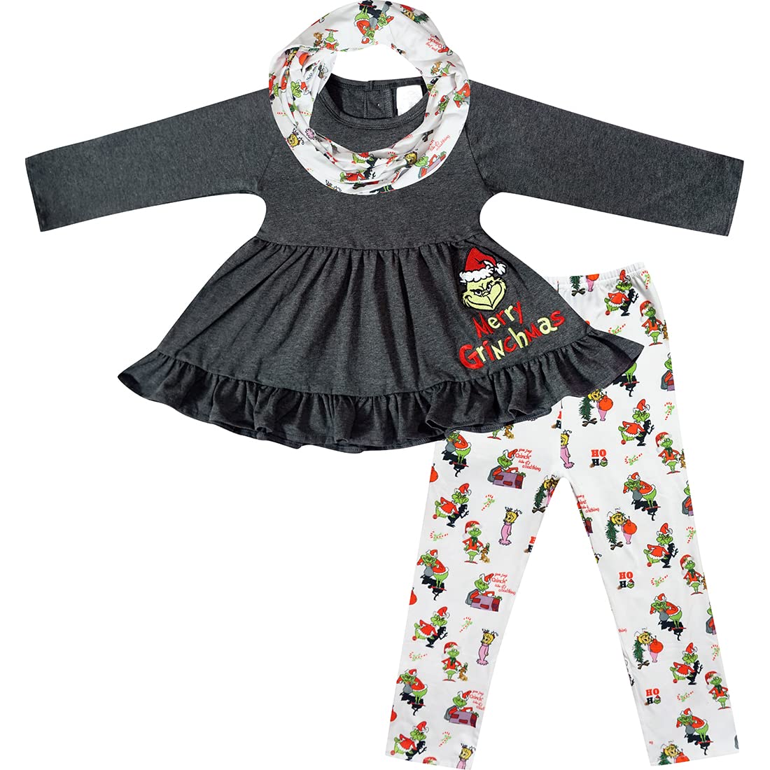 Adorable Baby & Toddler Girls Christmas Outfit Set - 2 or 3 Piece Holiday Dress with Scarf | Grinch Themed Festive Attire for Holiday Parties & Family Photos