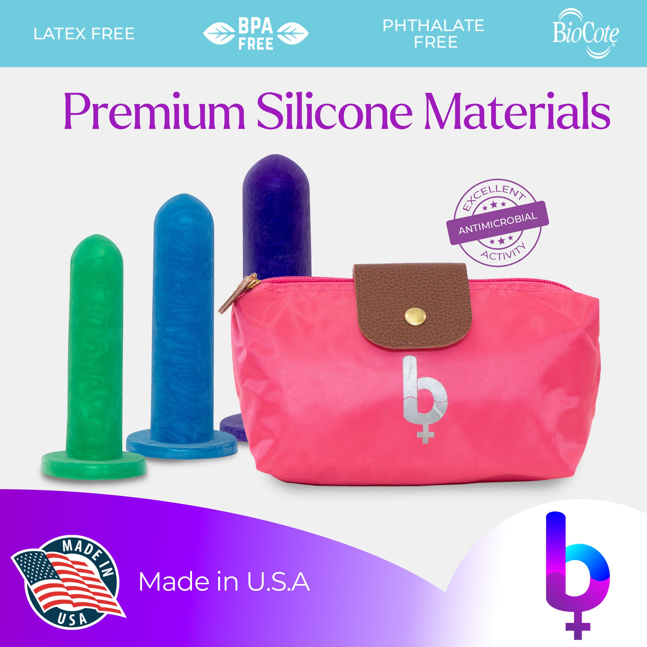 Premium Silicone Pelvic Dilator Kit for Women - Pelvic Floor Muscle Trainer & Stretching Equipment with BioCote Protection - Includes Storage Bag (3-Piece Set) - Ideal for Postpartum Recovery, Pelvic Therapy & Vaginal Health