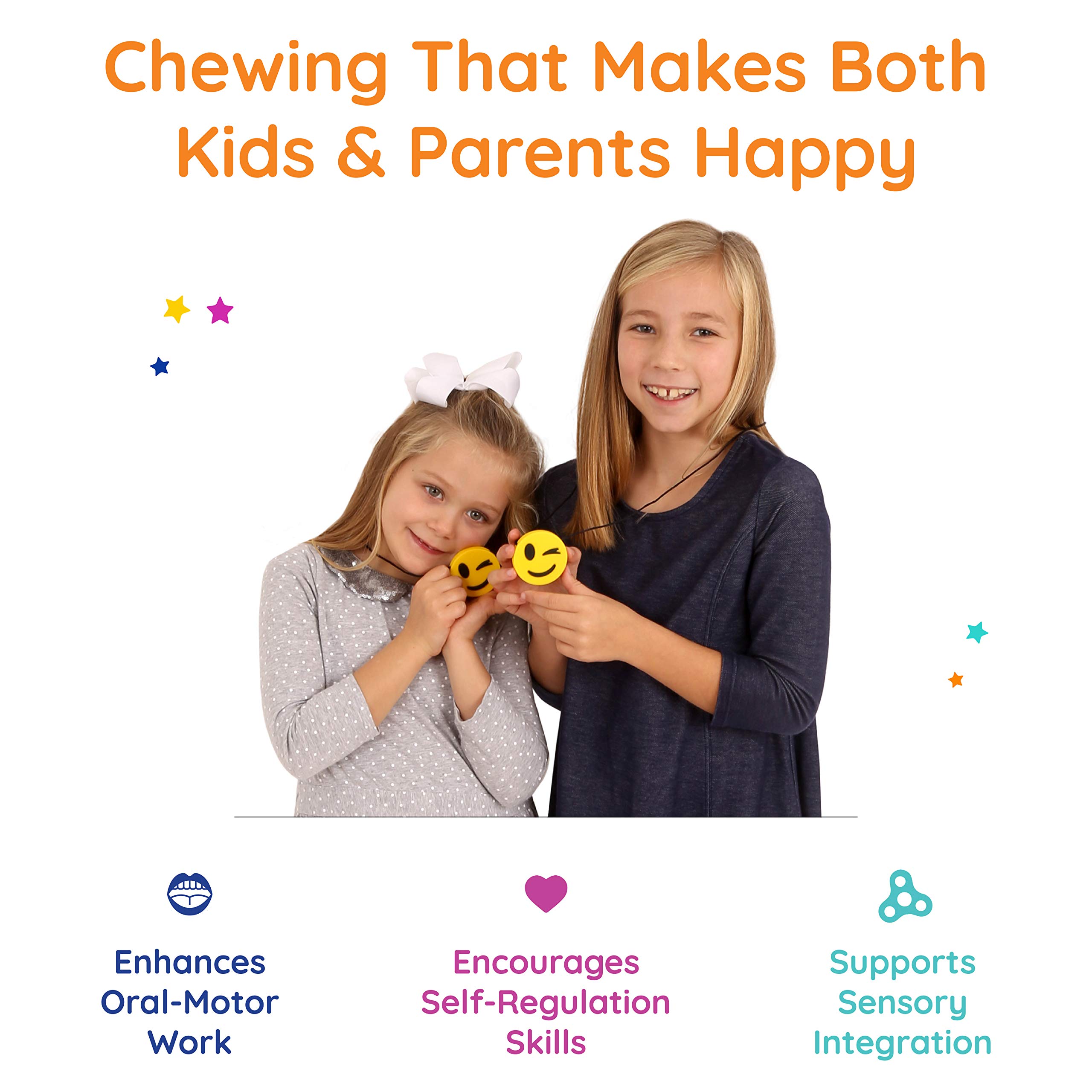 Fun & Functional Winking Emoji Chew Necklace for Kids - 2 Pack Sensory Chew Necklaces for Anxiety Relief & Oral Motor Stimulation - Textured Chewing Jewelry for Special Needs Children Ages 3+ - Perfect for School, Travel & Sensory Play