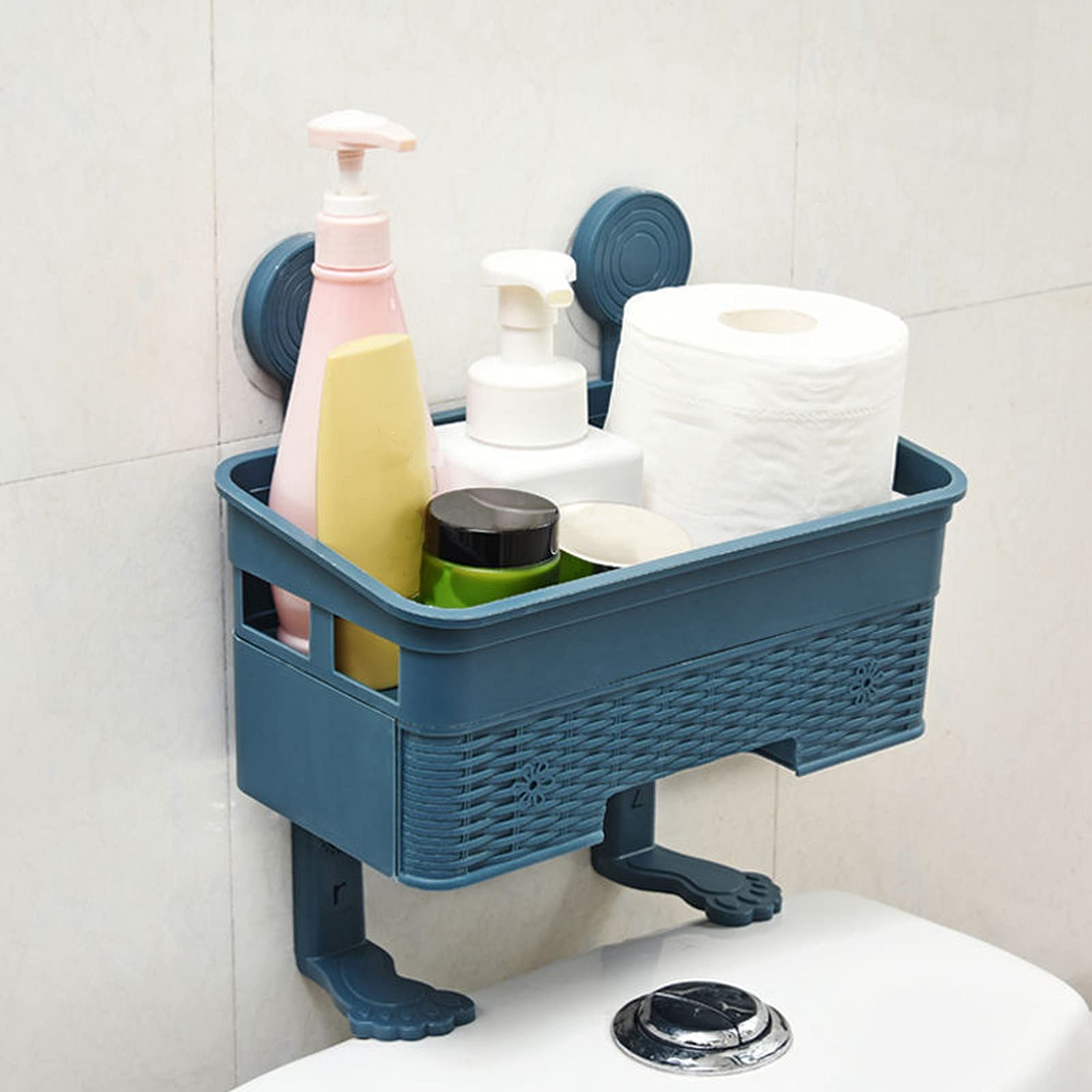 Double Layer Shower Caddy Basket - Wall Mounted Bathroom Shelf Organizer with Toilet Tissue Holder | Space Saving Storage for Shower, Kitchen & Bathroom | Perfect for Small Spaces & Apartment Living (Blue)