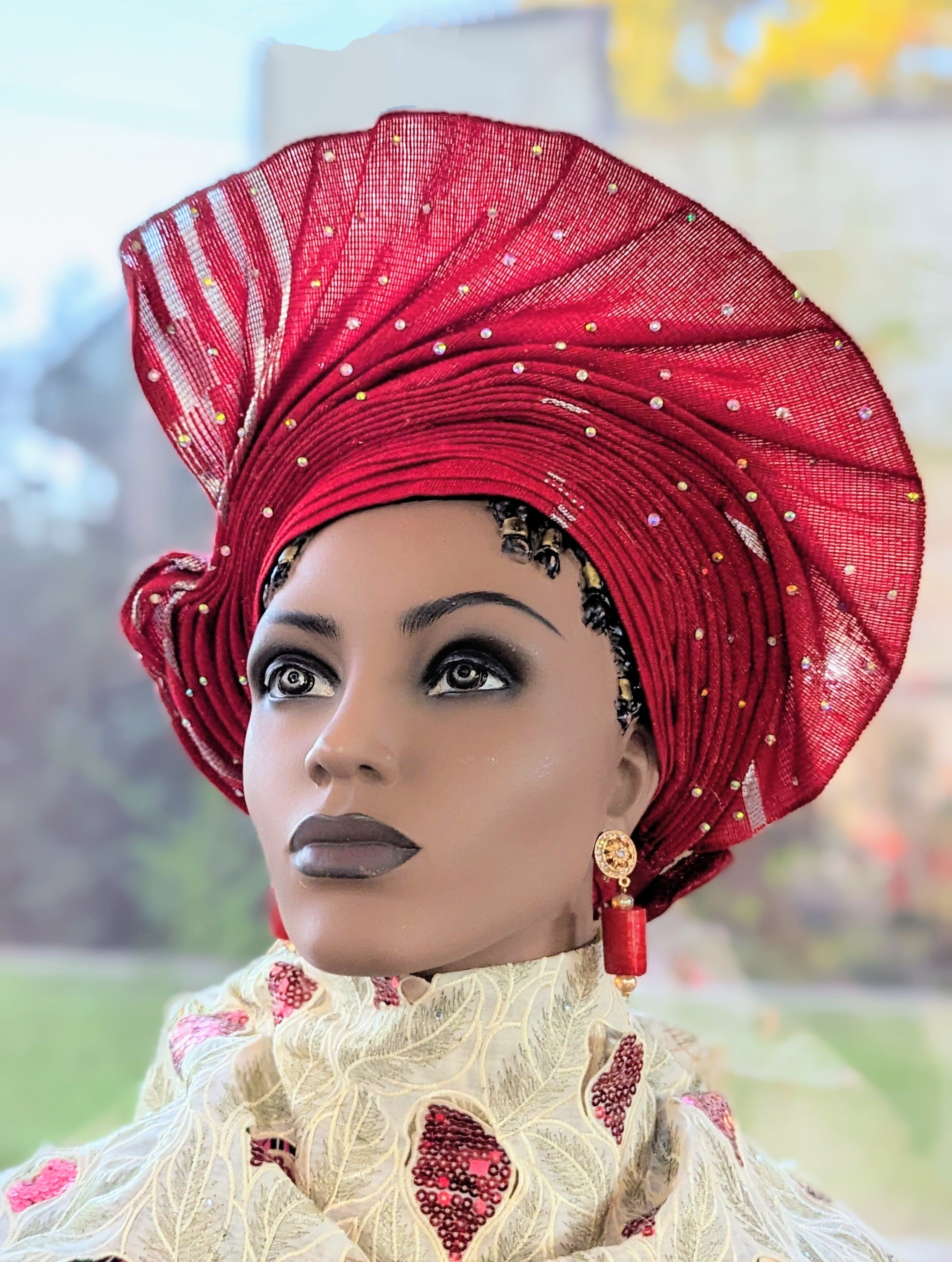 Badesimi Red African Aso Oke Head Tie - Premium Autogele Ready Gele Head Wrap DPARSS10 for Weddings, Parties & Cultural Events