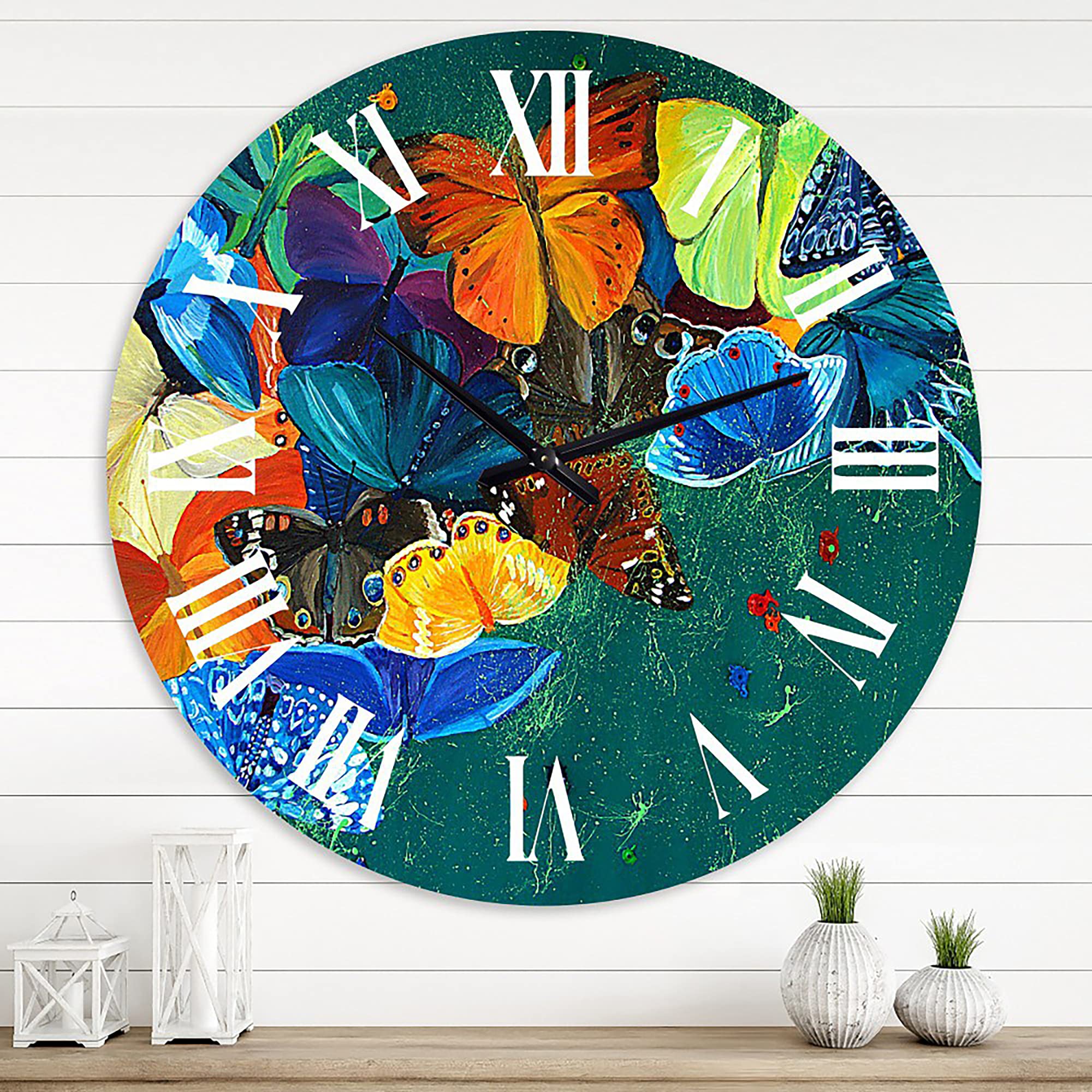 DesignQ Modern Wall Clock - Colorful Butterflies on Green Background, Large Decorative Clock for Bedroom, Living Room & Office | Silent Non-Ticking, Battery Operated Wall Art