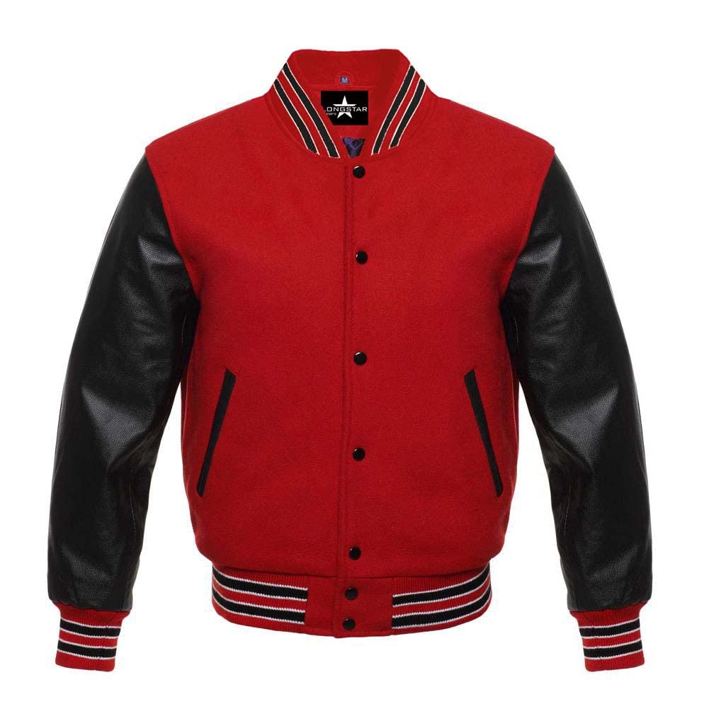 Longstar Baseball Varsity Bomber Jacket - Genuine Leather Sleeves & Wool Body - Red/Black Color - Size 5XL - Perfect for High School Sports, Letterman Awards & Casual Winter Wear
