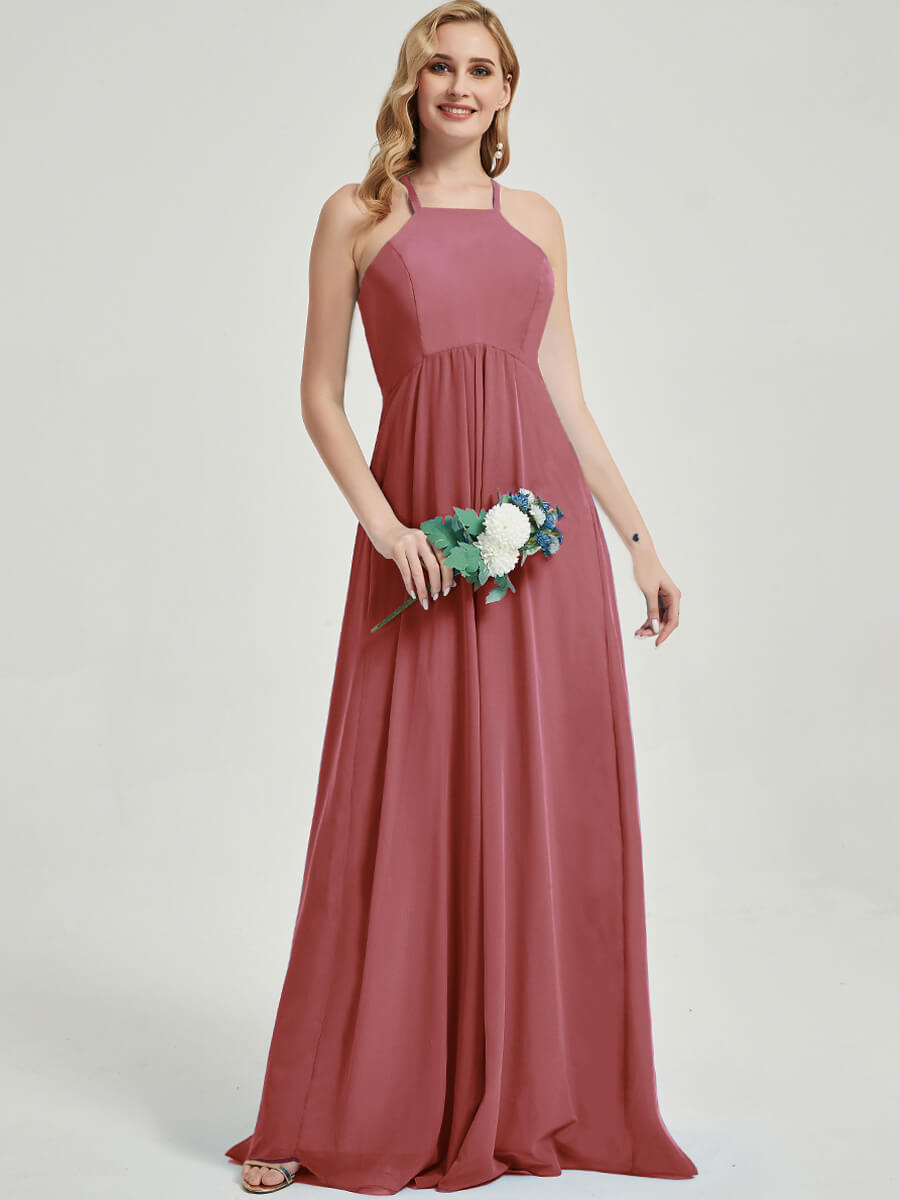 Elegant Desert Rose Halter Neck Empire Waist Pleated Backless Chiffon Bridesmaid Dress for Wedding Party, Formal Occasions & Special Events