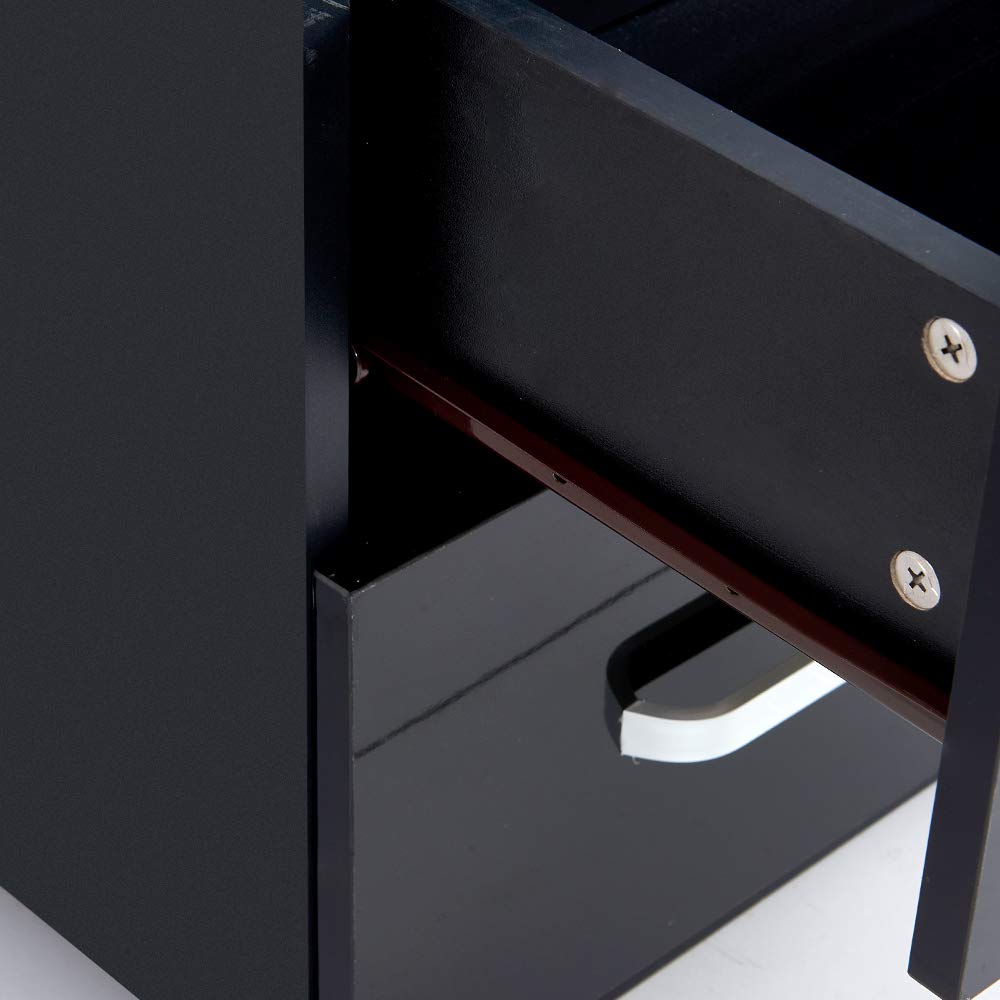 Black Glossy Nightstand with 2 Drawers & LED Lights - Bedroom & Living Room Side Table