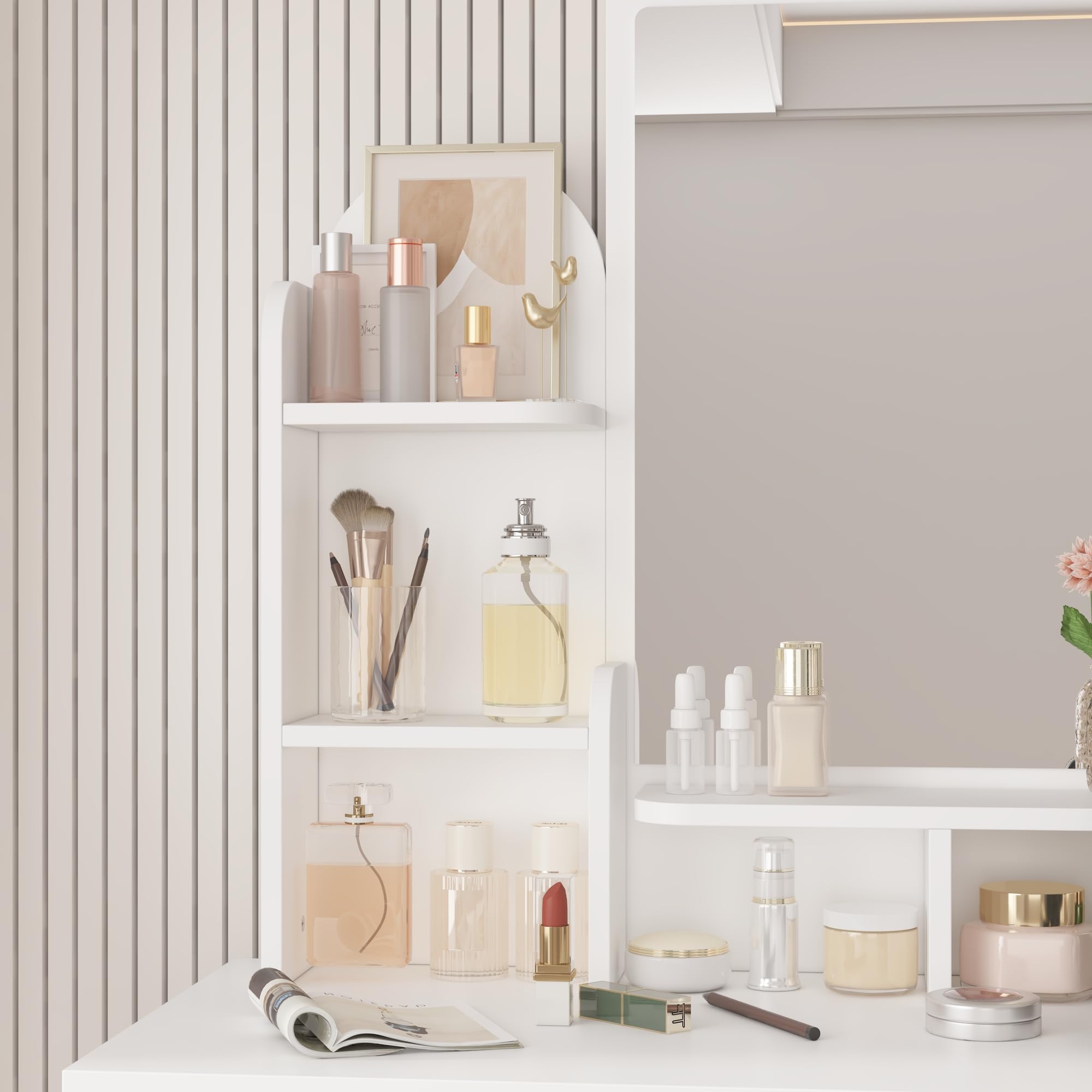 AIEGLE White Vanity Desk Set with Rectangular Mirror - Makeup Dressing Table with Shelves & Cushioned Stool, Perfect for Bedroom, Bathroom or Dressing Room Organization