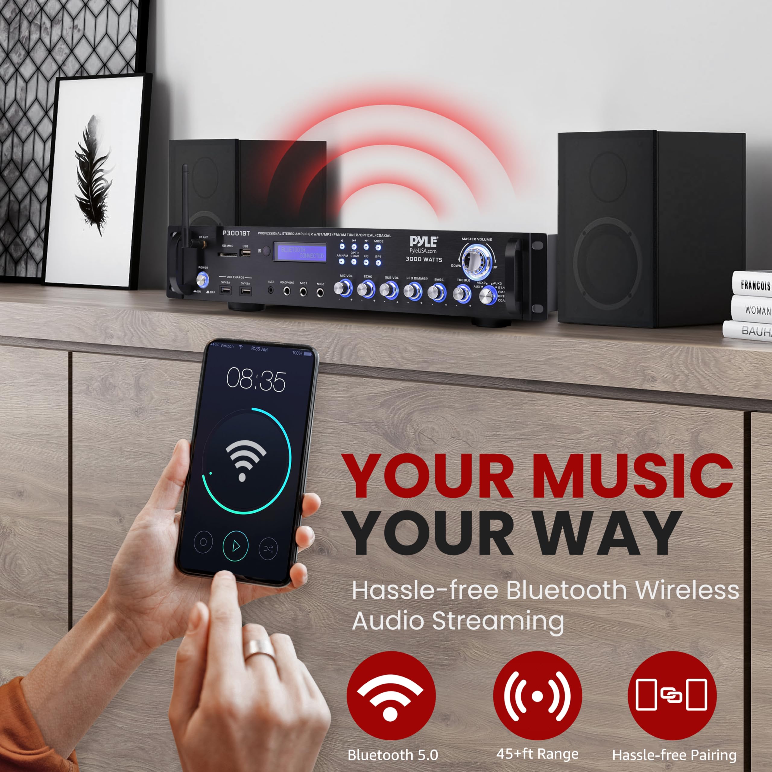 Pyle 3000W Bluetooth Power Amplifier - Multi-Channel Audio Rack Mount Stereo Receiver with FM Radio, USB, Headphone & RCA Inputs, Dual Mic w/ Echo, LED Display for Home Theater & Wireless Streaming | Perfect for Karaoke, DJ Parties & Live Performances