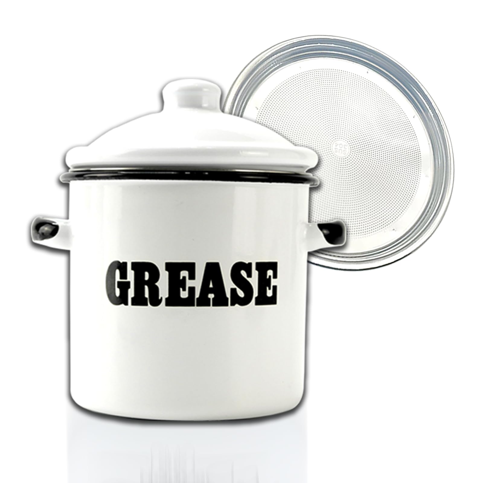 1.5L White Enamel Bacon Grease Container with Strainer - Farmhouse Kitchen Oil Storage Jar - Perfect for Collecting & Storing Cooking Oil, Bacon Drippings - Ideal for Farmhouse Decor & Home Cooking