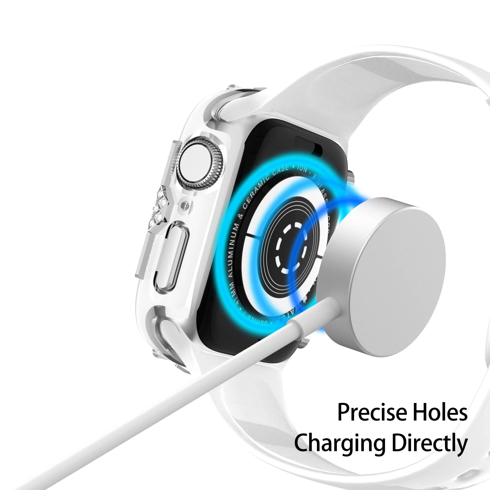Compatible with Apple Watch Case for Series 10/9/8/7/6/5/4/SE - Rhinestone Protective Cover with Built-in Tempered Glass Screen Protector - 40/41/42/44/45/46mm Diamond iWatch Accessories for Women & Girls (White, Small, 41mm) - Perfect for Workouts, Office & Everyday Fashion