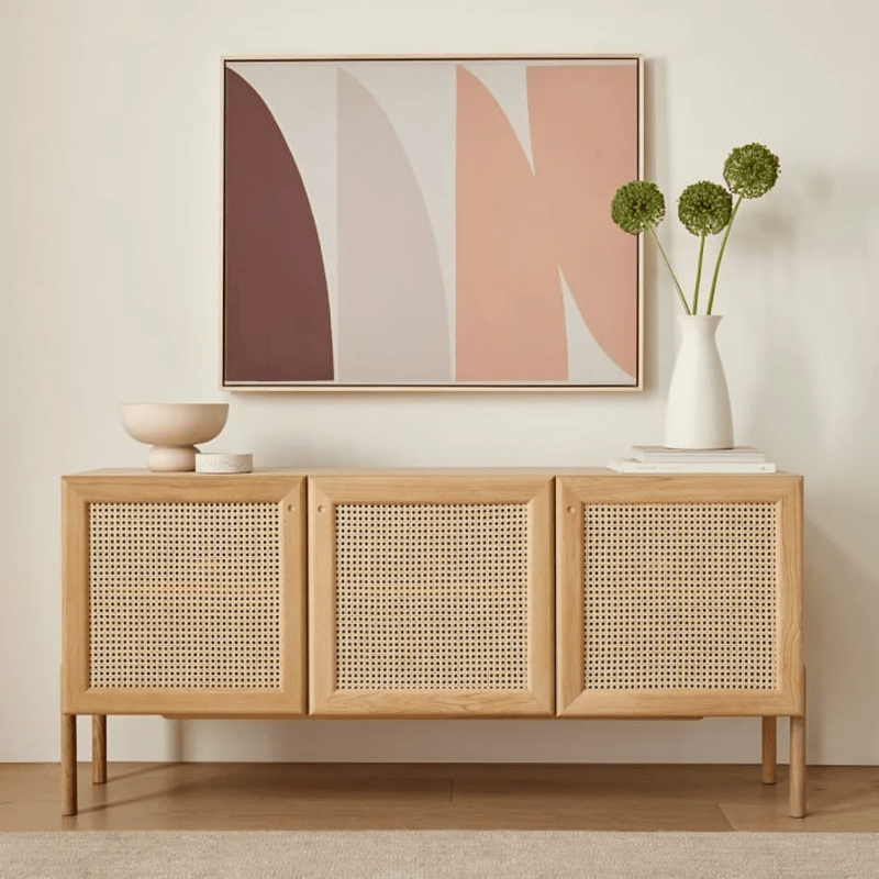 Modern High Sideboard with Woven Rattan Doors | Mid-Century Buffet Cabinet with Cane Weave Design | Perfect for Dining Room Storage & Living Room Organization