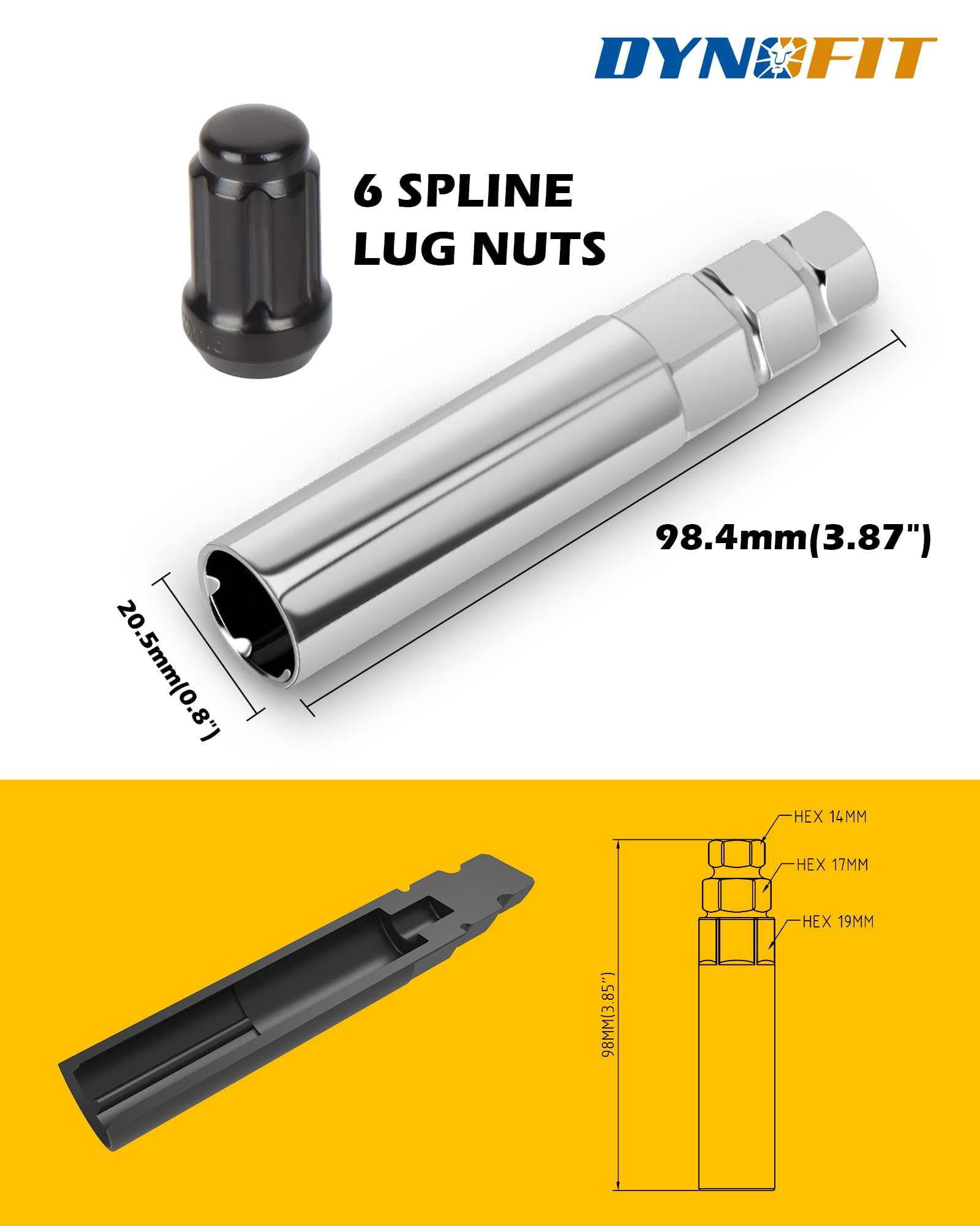 Dynofit 6 Spline Lug Nuts Socket Key - Universal Chrome Spike Lug Nut Wrench Tool for 19mm, 17mm, 14mm Hex - Fits M12X1.5, 12X1.25, 1/2