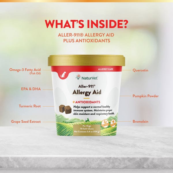 NaturVet Aller-911 Allergy Aid Plus Antioxidants Soft Chews for Dogs - Itchy Skin Relief & Immune Support for Small, Medium & Large Breeds - Perfect for Seasonal Allergies & Daily Wellness