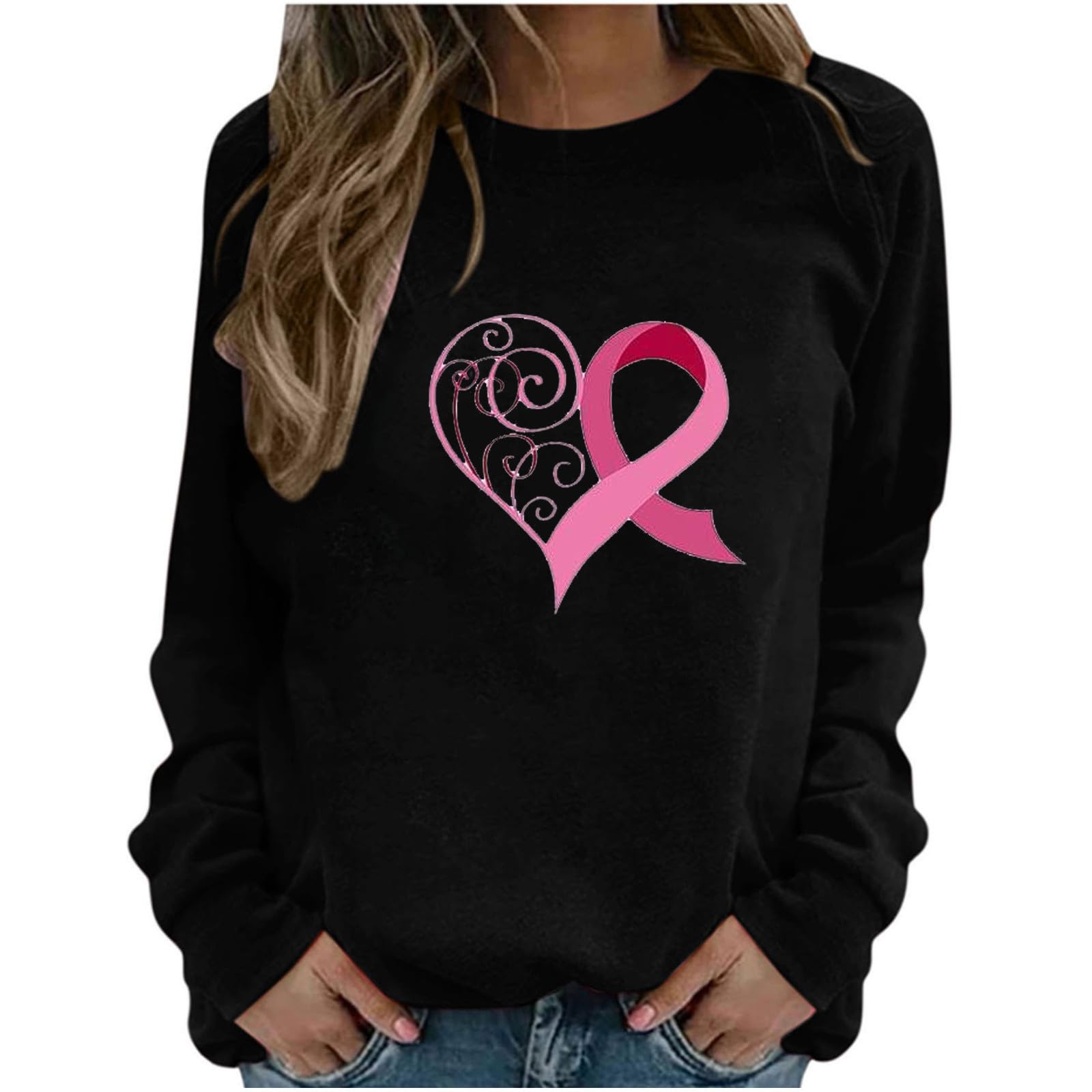 Women's Lightweight Pink Ribbon Breast Cancer Awareness Sweatshirt - Long Sleeve Casual Top for Survivors & Supporters | Perfect for Fundraising Events, Daily Wear & Awareness Campaigns