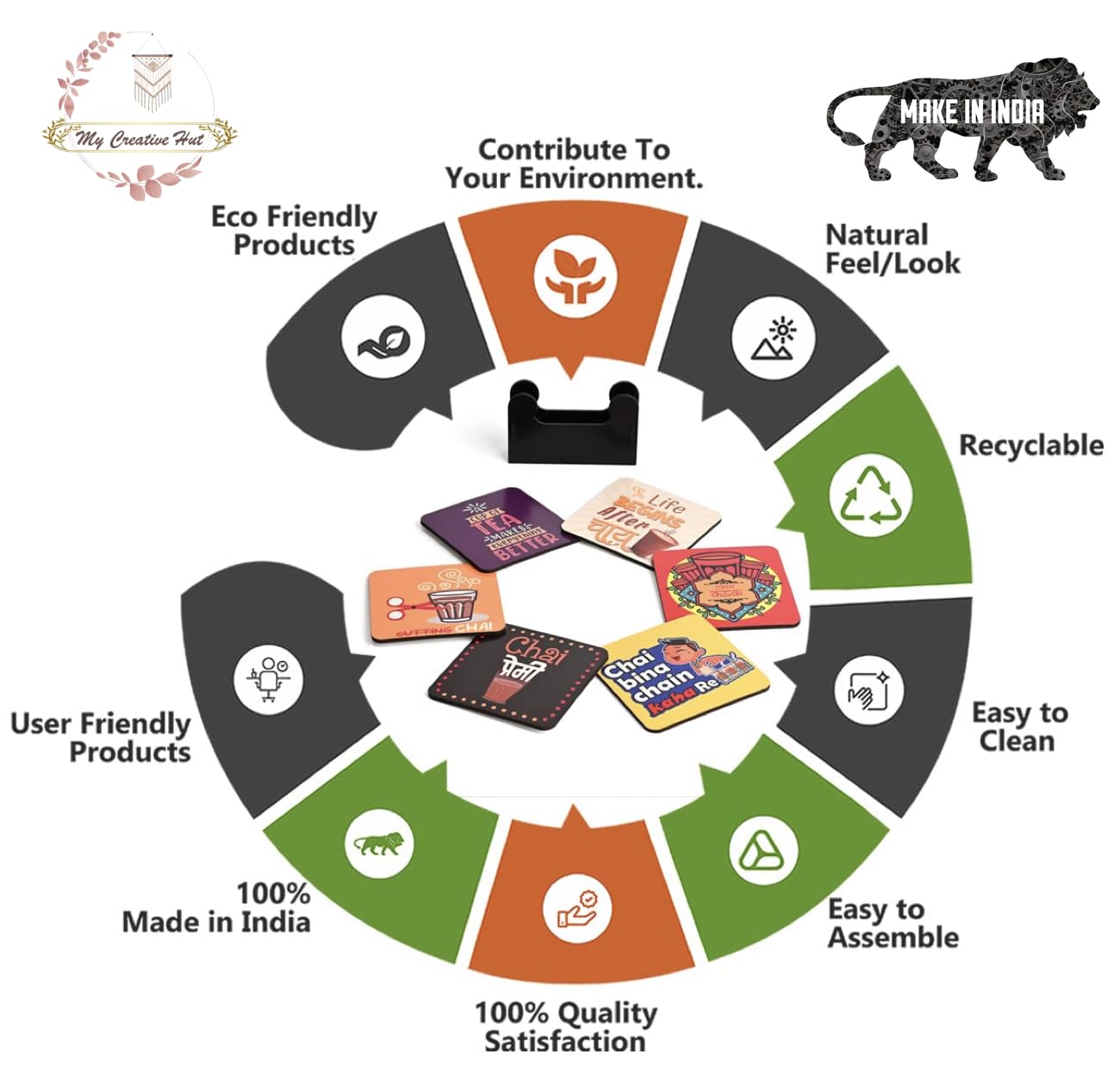 My Creative Hut Set of 6 Tea Coasters - Beautiful Absorbent Cork Drink Coasters for Tea Cups, Coffee Mugs & Glasses with Stand - Perfect for Home, Office & Diwali Gifting (Chai Nukkad) - Protect Tables from Spills & Stains