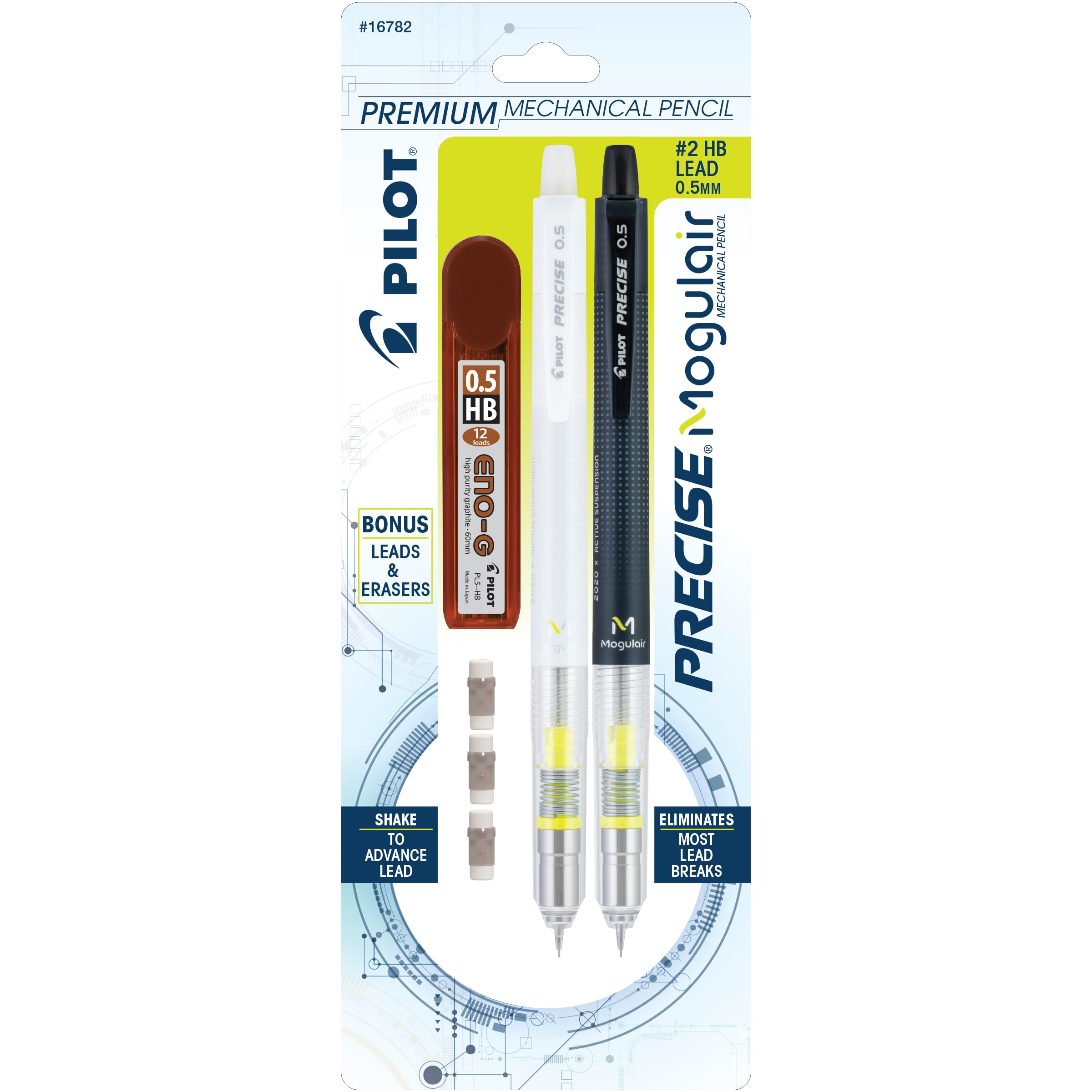 Premium Pilot Precise Mogulair Mechanical Pencils 0.5mm HB - 2 Pack with 12 Leads & 3 Erasers - Black & White Barrel for School, Office & Sketching - Smooth Writing Drafting Pencils for Students & Professionals
