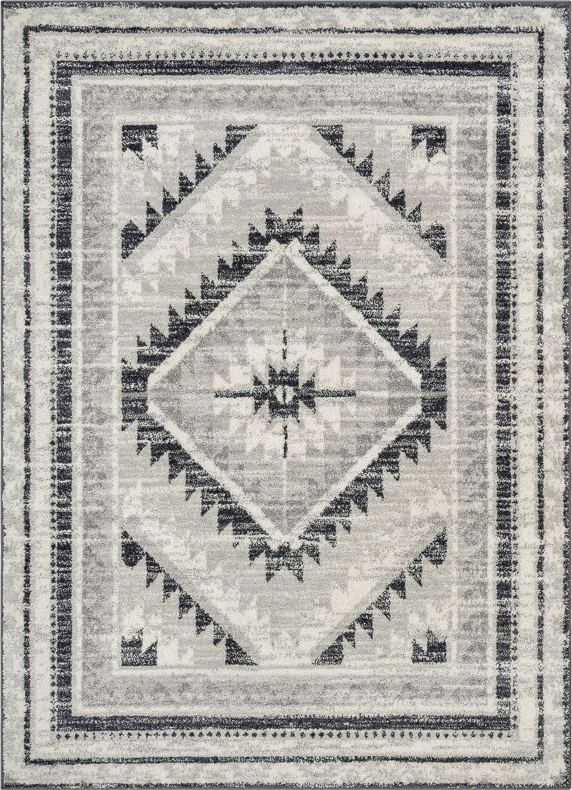 Well Woven Malfi Pisa Aztec Tribal Southwestern Grey Area Rug - Boho Chic Home Decor for Living Room, Bedroom & Office