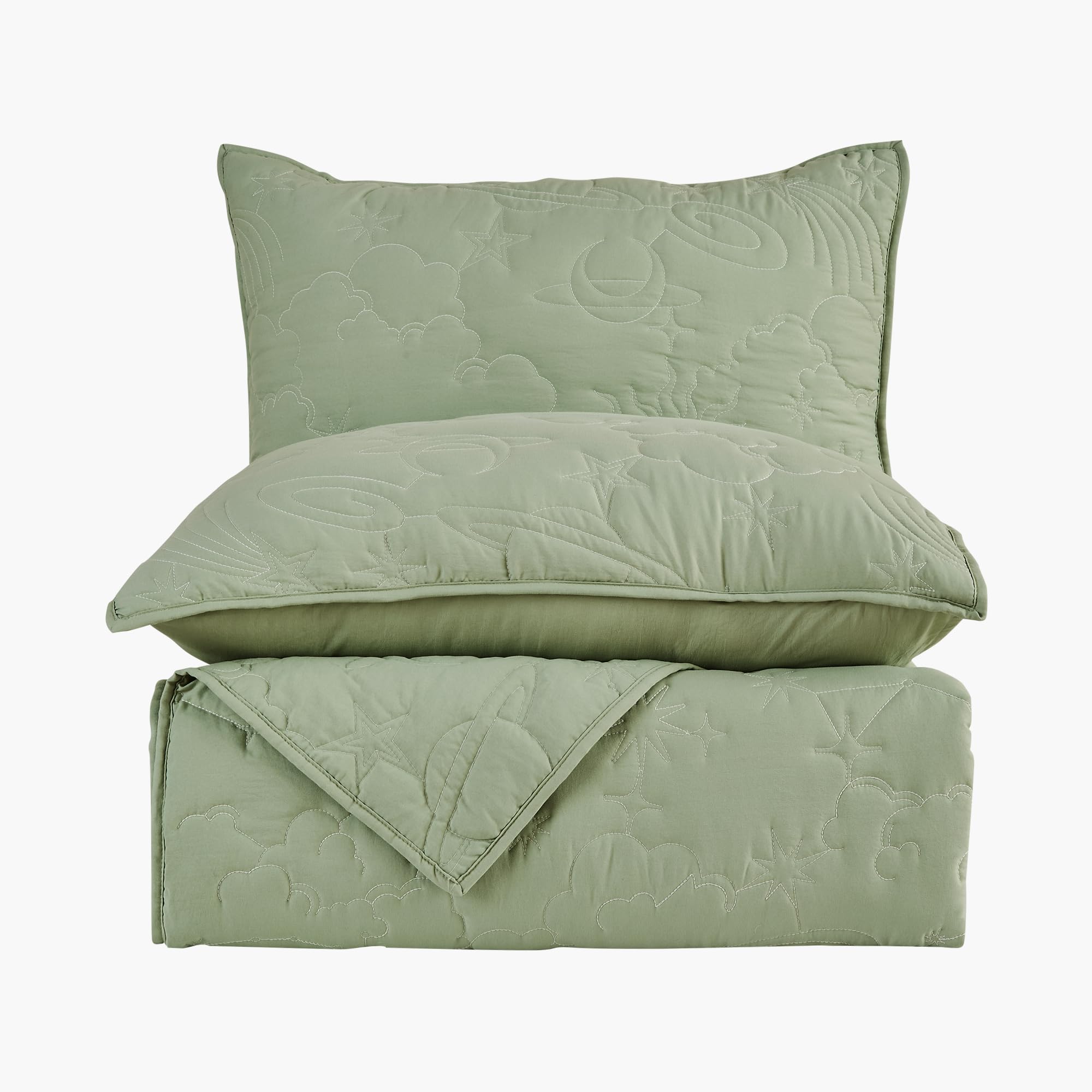 SHALALA NEW YORK Sage Green Quilt Bedding Set Queen Size - Lightweight Summer Quilt with Reversible Celestial Stitching & Pillow Shams | All-Season Bedspread Coverlet for Master Bedroom, Guest Room & Dorm Decor