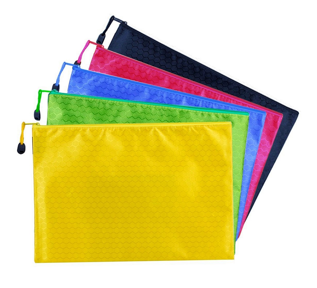 5-Piece A4 Size Waterproof Canvas Zipper File Bags - Multi-Color Document Organizer for Office, School & Travel Storage