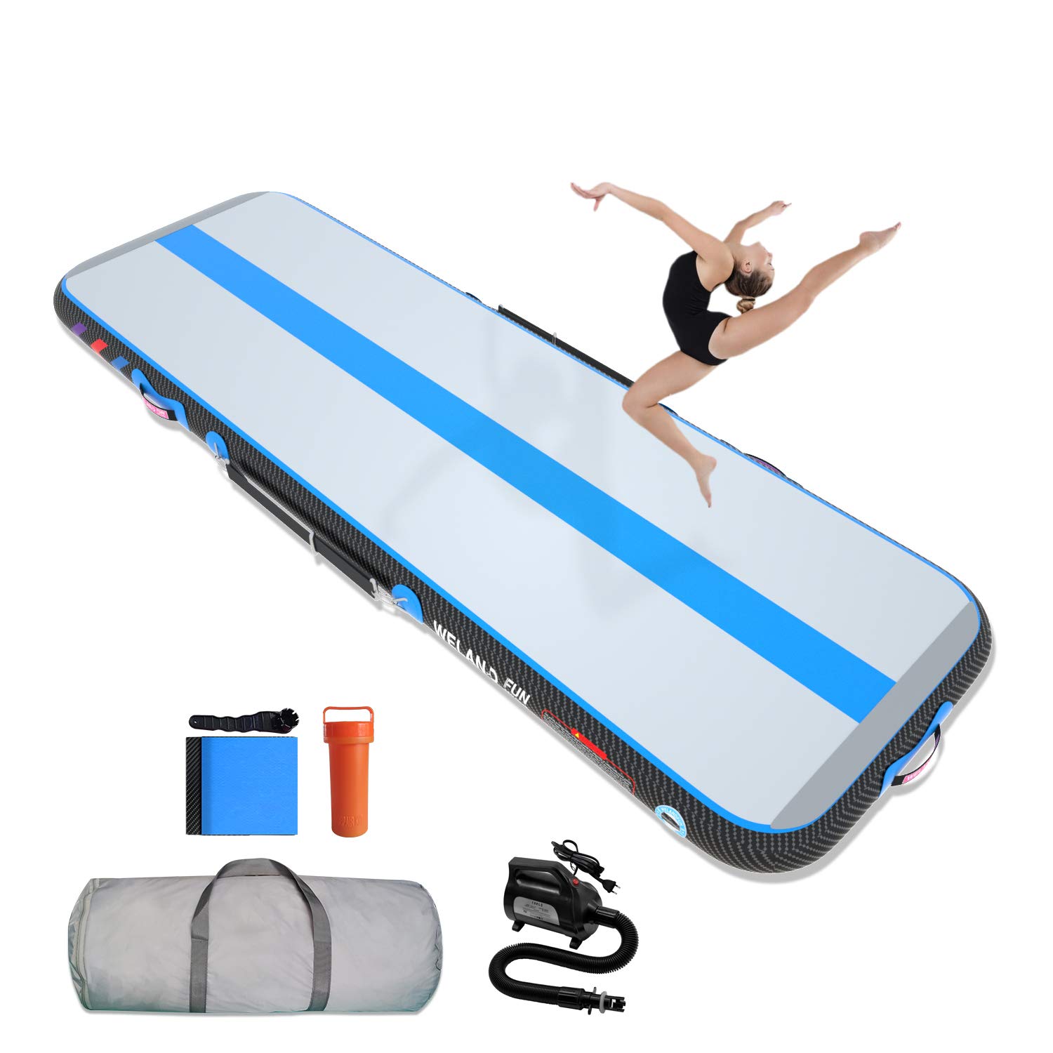 WelandFun 10ft/13ft/16ft/20ft Inflatable Air Tumbling Mat - 4/6/8 Inch Thick Gymnastics Mat for Home Gym, Yoga, Cheerleading & Outdoor Training - Includes Electric Air Pump - Perfect for Beach, Park & Backyard Workouts