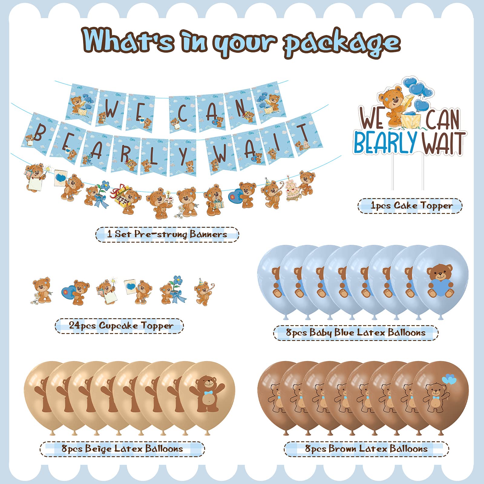 51-Pack Blue & Brown Baby Shower Decorations for Boys - We Can Bearly Wait Banner, Cake Topper, Cupcake Toppers, Balloons & Cute Bear Party Supplies | Perfect for Baby Showers, Gender Reveals & Nursery Decorations