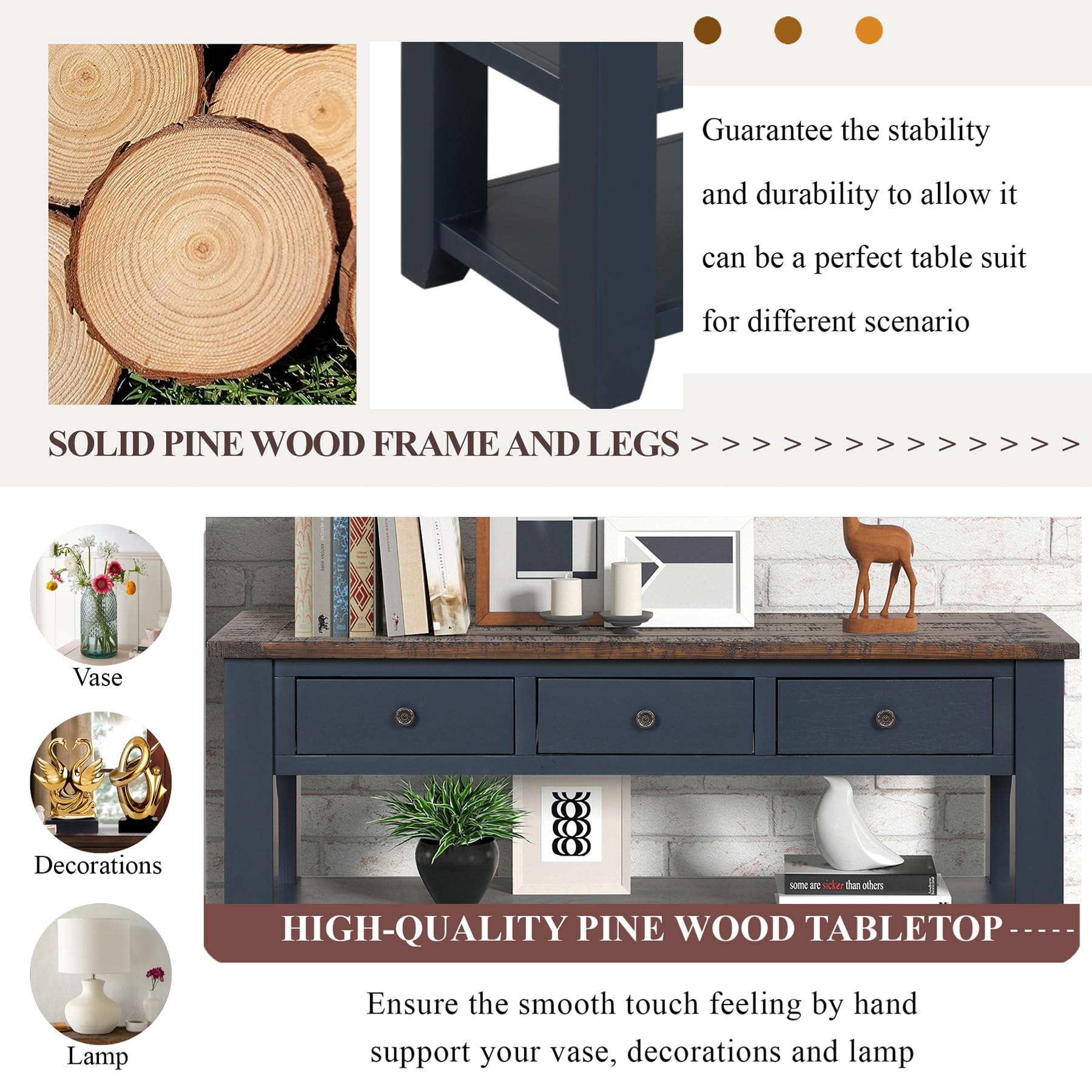 Solid Wood Console Table with Storage Drawers & Bottom Shelf - 48.8