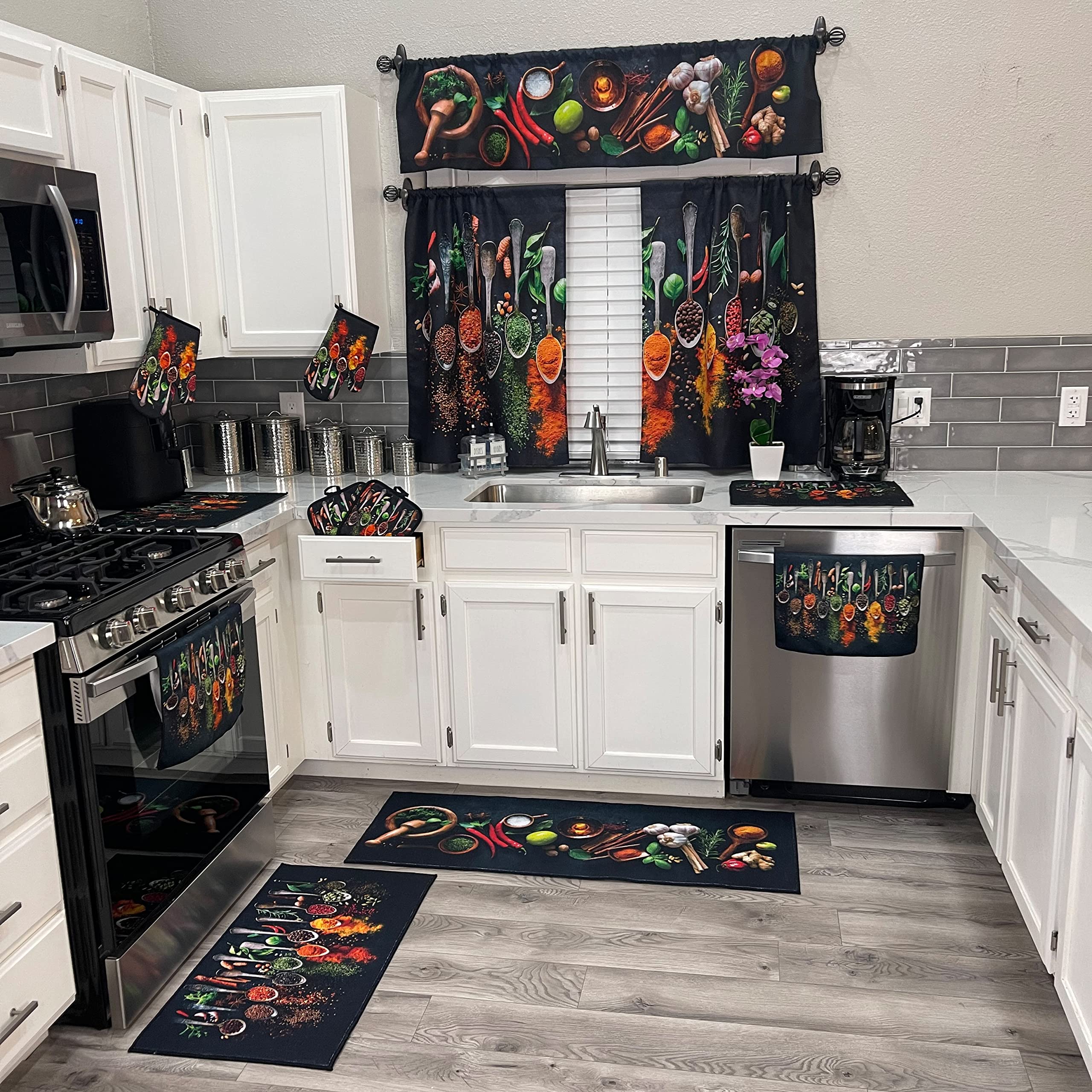 UpNUpCo Artistic Spicy Kitchen Curtain Set - 3-Piece Spicy Themed Fabric Window Treatment with Valance for Mexican, Southwestern & Eclectic Home Decor - Perfect for Kitchens, Dining Rooms & Farmhouse Style Interiors