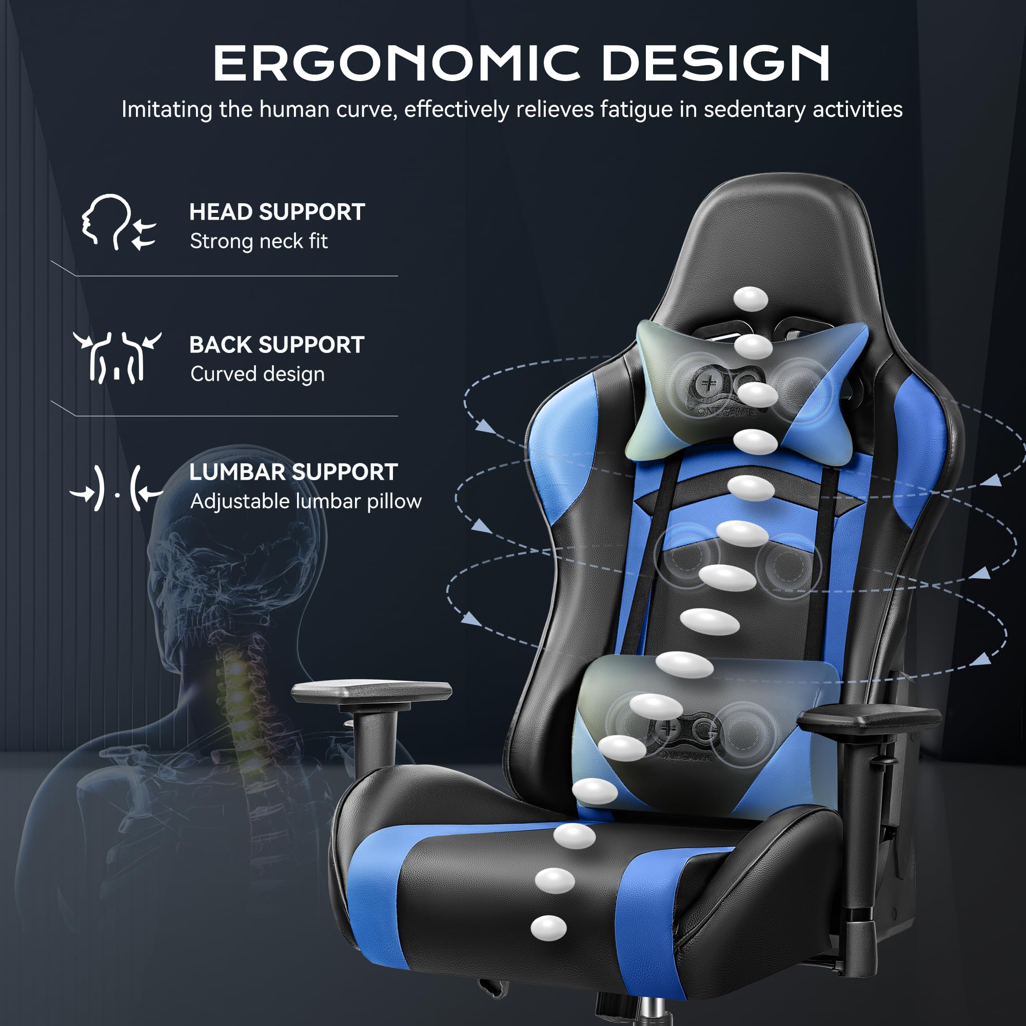 OneGame Ergonomic Gaming Chair for Adults - Big and Tall Computer Office Chair with Adjustable Height, Reclining Backrest, Headrest & Lumbar Support - Black & Blue - Perfect for PC Gaming, Esports, and Home Office Workstations