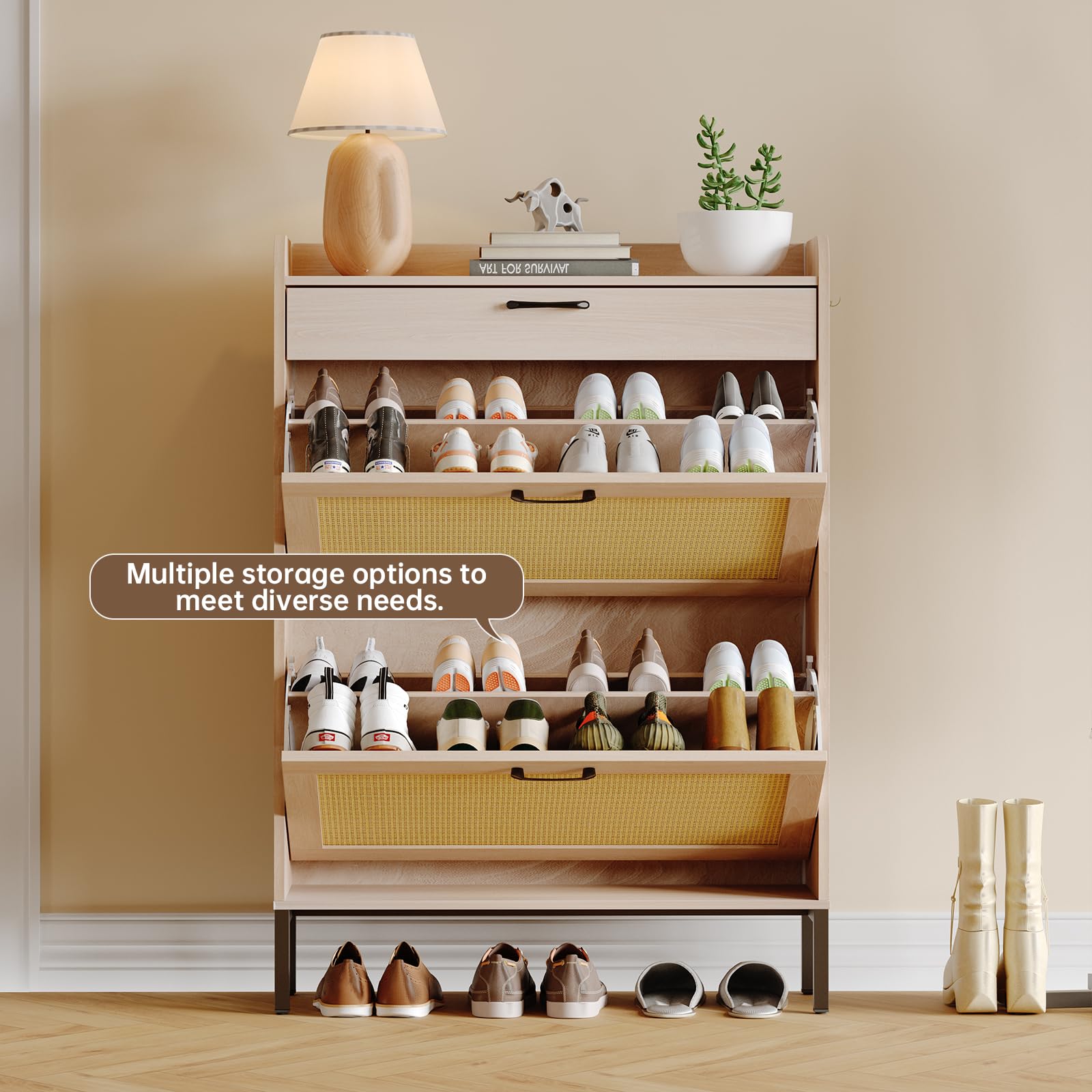 Rattan Shoe Storage Cabinet with 2 Flip Drawers & 1 Drawer - Narrow Freestanding Shoe Organizer for Entryway, Hallway, Living Room & Bedroom - Slim Hidden Shoe Cabinet with Metal Legs - Perfect for Small Spaces & Clutter-Free Home Organization