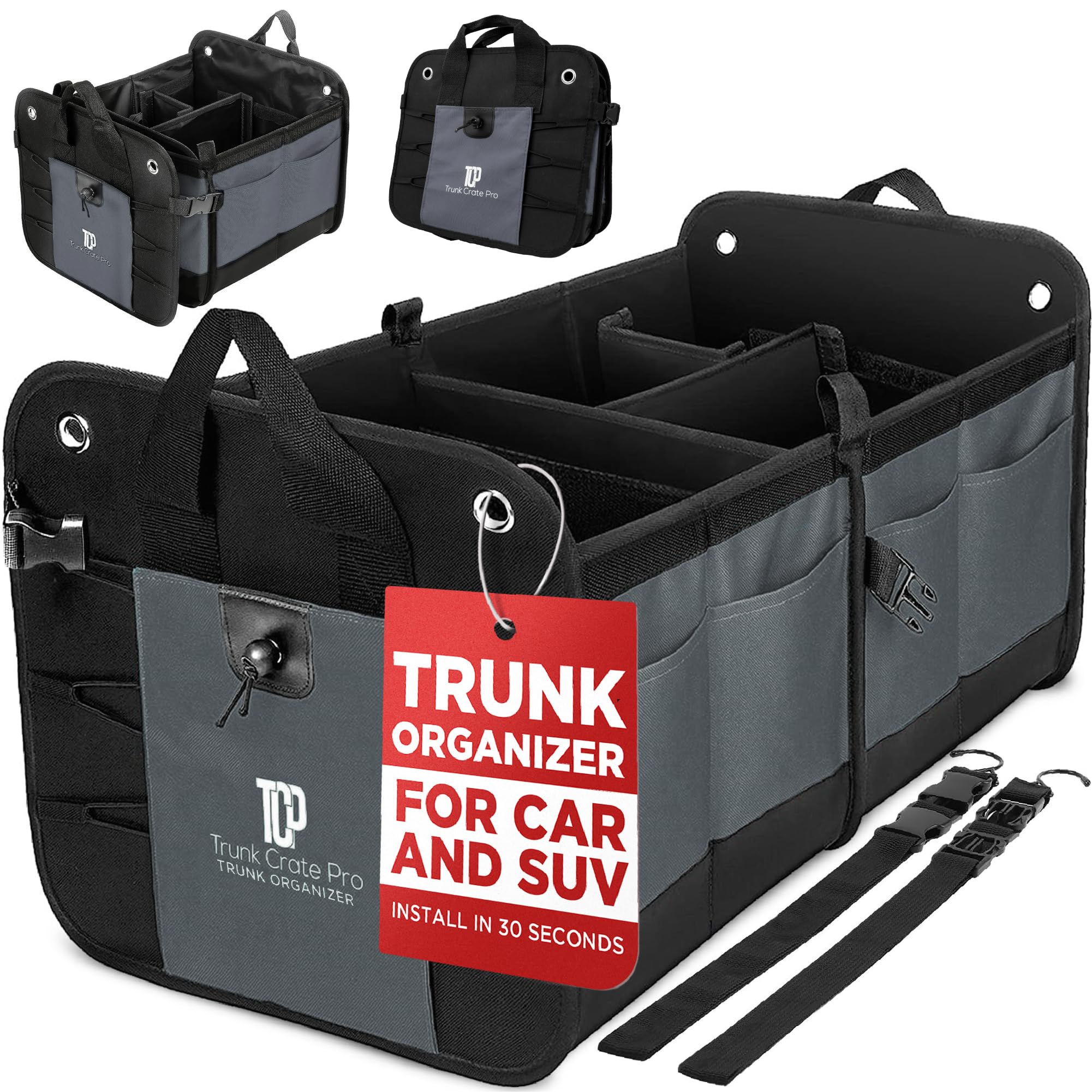 TRUNKCRATEPRO Large Capacity Car Storage Organizer - Premium Adjustable Compartments for SUV, Truck & Car | Collapsible Gray Trunk Organizer | Perfect for Road Trips, Groceries & Sports Gear Storage