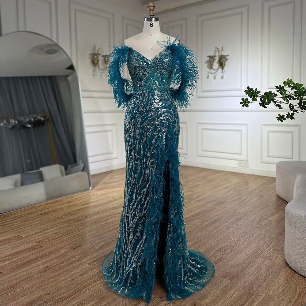 Serene Hill Turquoise Spaghetti Strap High Split Mermaid Beaded Feathers Evening Gown for Women - Elegant Wedding Party Dress 2025 LA72602 | Perfect for Prom, Gala, Cocktail Party & Formal Events