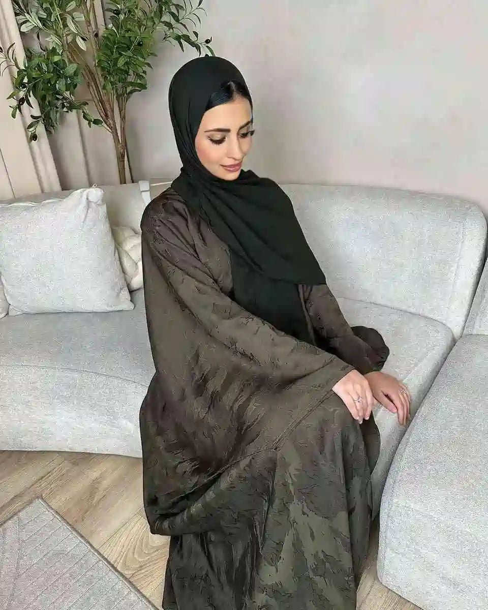 Elegant 3D Jacquard Satin Abaya Dress for Women - Modest Islamic Prayer Dress #250021 | Perfect for Eid, Ramadan, Wedding & Special Occasions