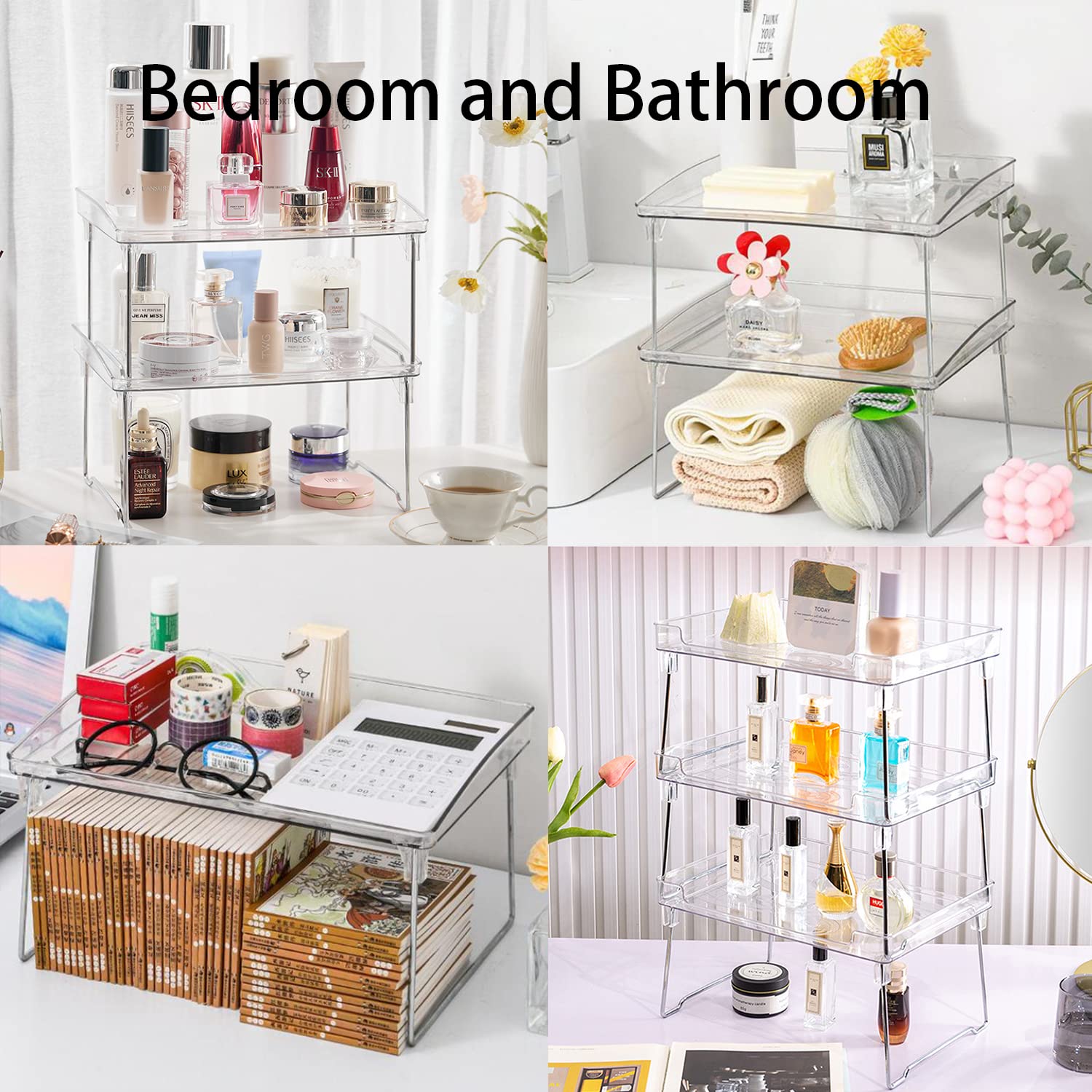 2-Pack Stackable Kitchen Shelves - Foldable Cabinet Storage Shelf Organizer for Countertops - Clear Space-Saving Rack for Kitchen, Bedroom & Bathroom Organization (Perfect for Small Spaces & Clutter-Free Storage)